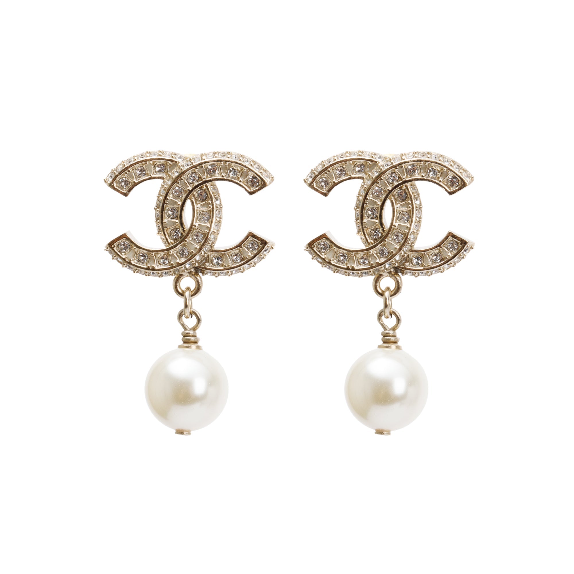 Chanel 2020 Gold Plated Faux Pearl & Strass CC Drop Earrings