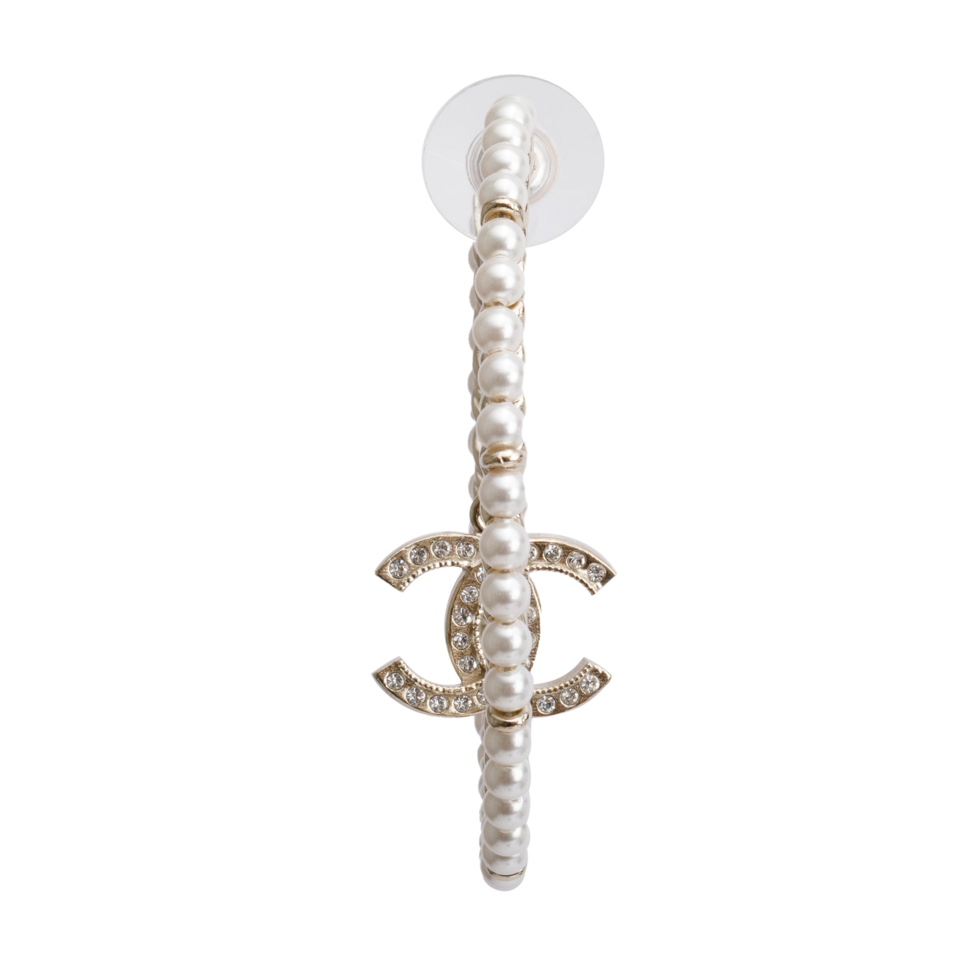 Chanel 2020 Gold Plated Faux Pearl & Strass CC Hoop Earrings w/ Box
