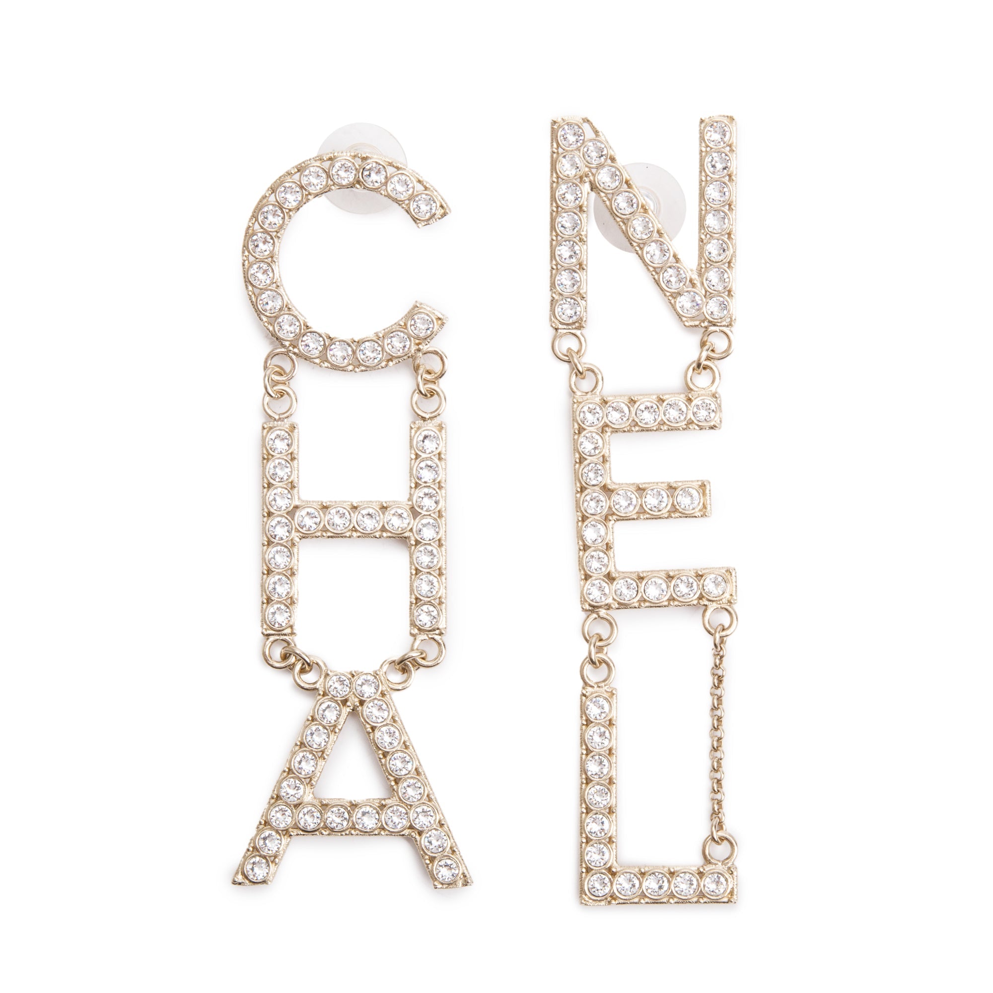 Chanel 2020 Gold Plated Strass 'CHA-NEL' Drop Earrings w/ Box