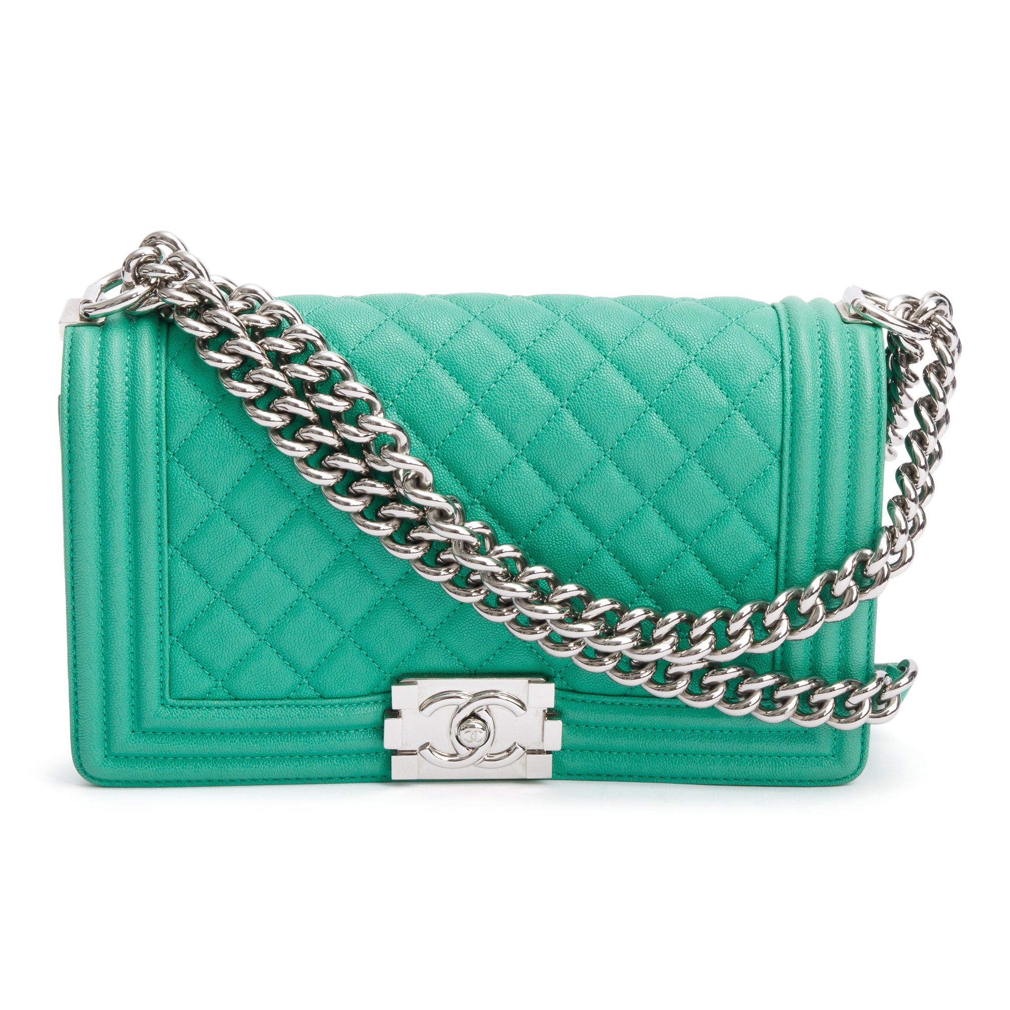 Chanel 2020 Green Quilted Caviar Leather Medium Boy Bag w/ Box, Receipt & Authenticity Card