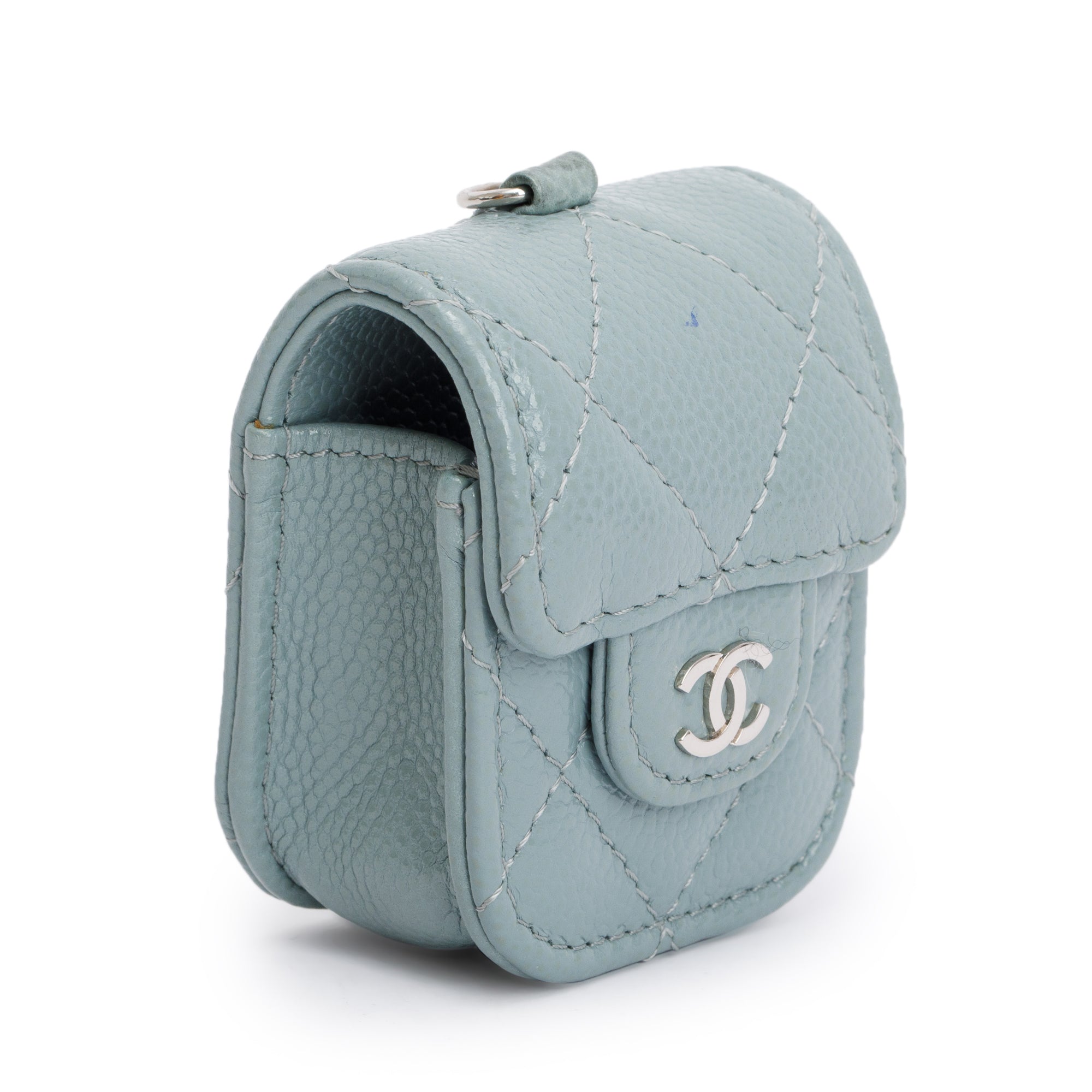 Chanel 2020 Grey Quilted Caviar Leather Airpods Flap Case on Chain