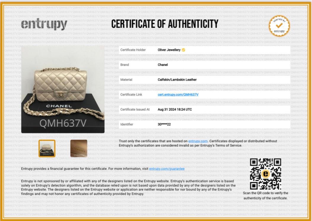 Chanel 2020 Metallic Gold Quilted CalfskinLeather Classic Mini Rectangular Flap Bag w/ Box & Authenticity Card