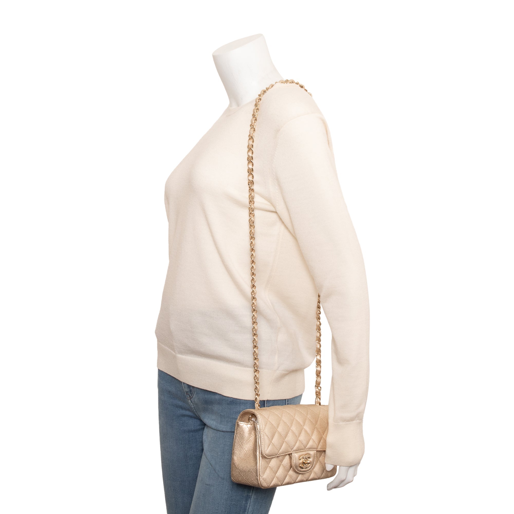 Chanel 2020 Metallic Gold Quilted CalfskinLeather Classic Mini Rectangular Flap Bag w/ Box & Authenticity Card