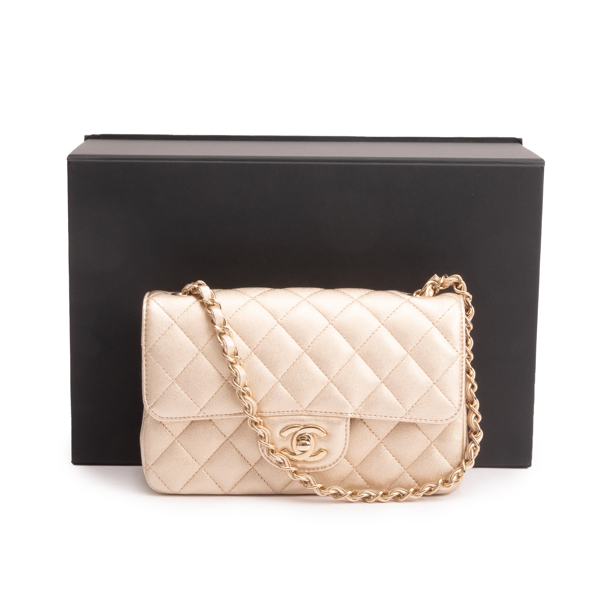 Chanel 2020 Metallic Gold Quilted CalfskinLeather Classic Mini Rectangular Flap Bag w/ Box & Authenticity Card