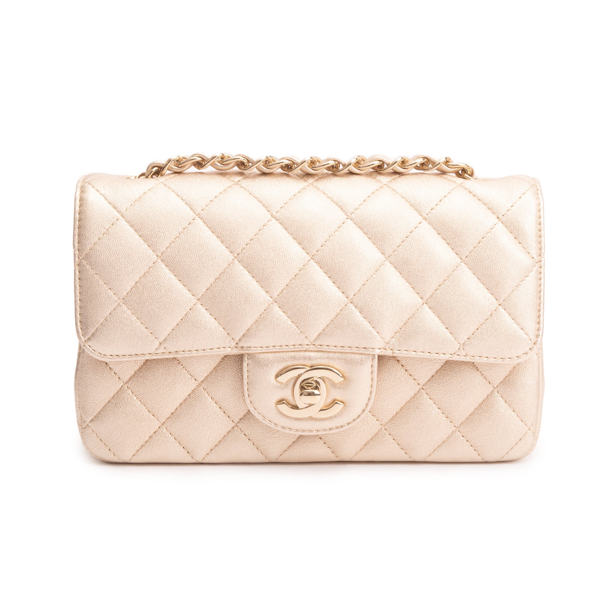 Chanel 2020 Metallic Gold Quilted CalfskinLeather Classic Mini Rectangular Flap Bag w/ Box & Authenticity Card