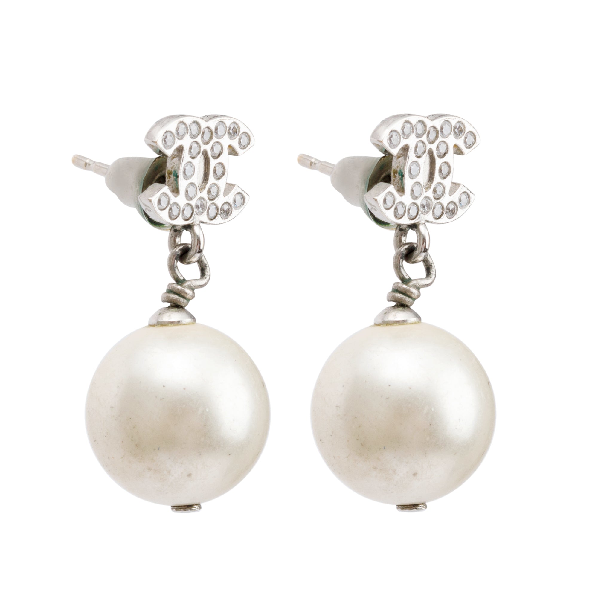 Chanel 2020 Palladium Plated Faux Pearl & Strass CC Drop Earrings