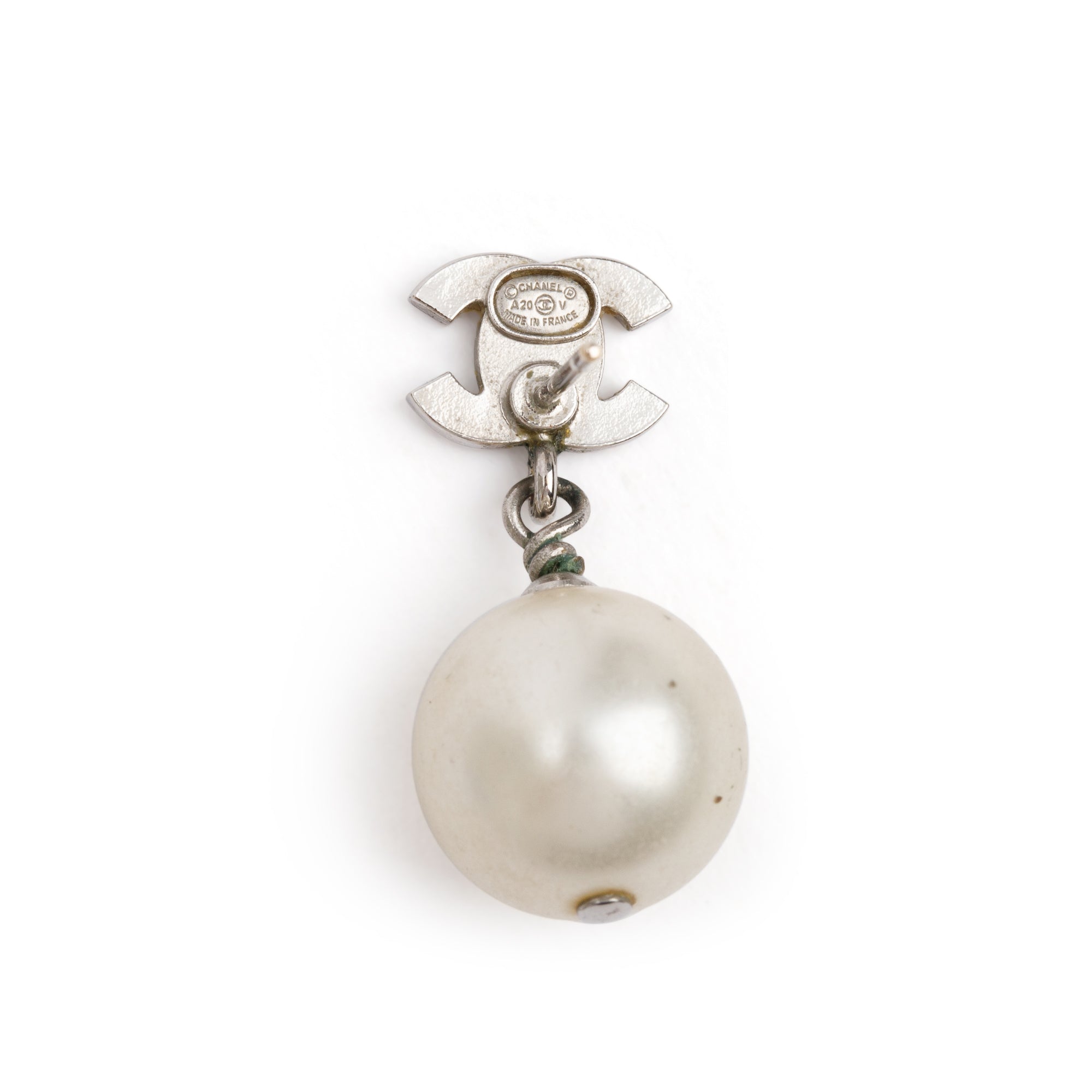 Chanel 2020 Palladium Plated Faux Pearl & Strass CC Drop Earrings