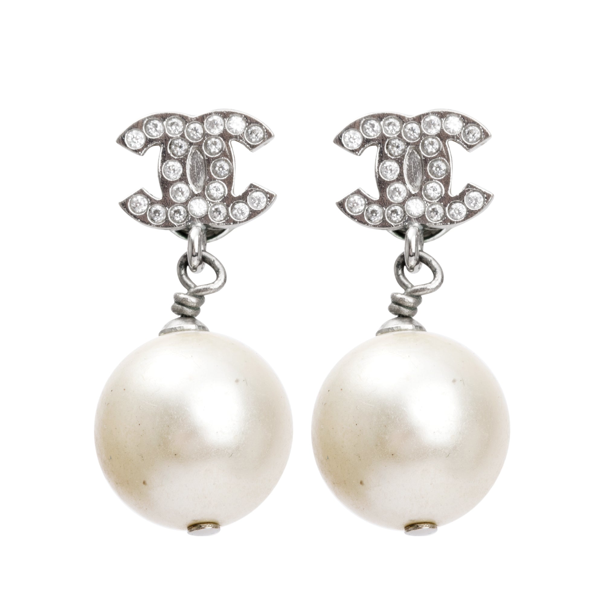 Chanel 2020 Palladium Plated Faux Pearl & Strass CC Drop Earrings