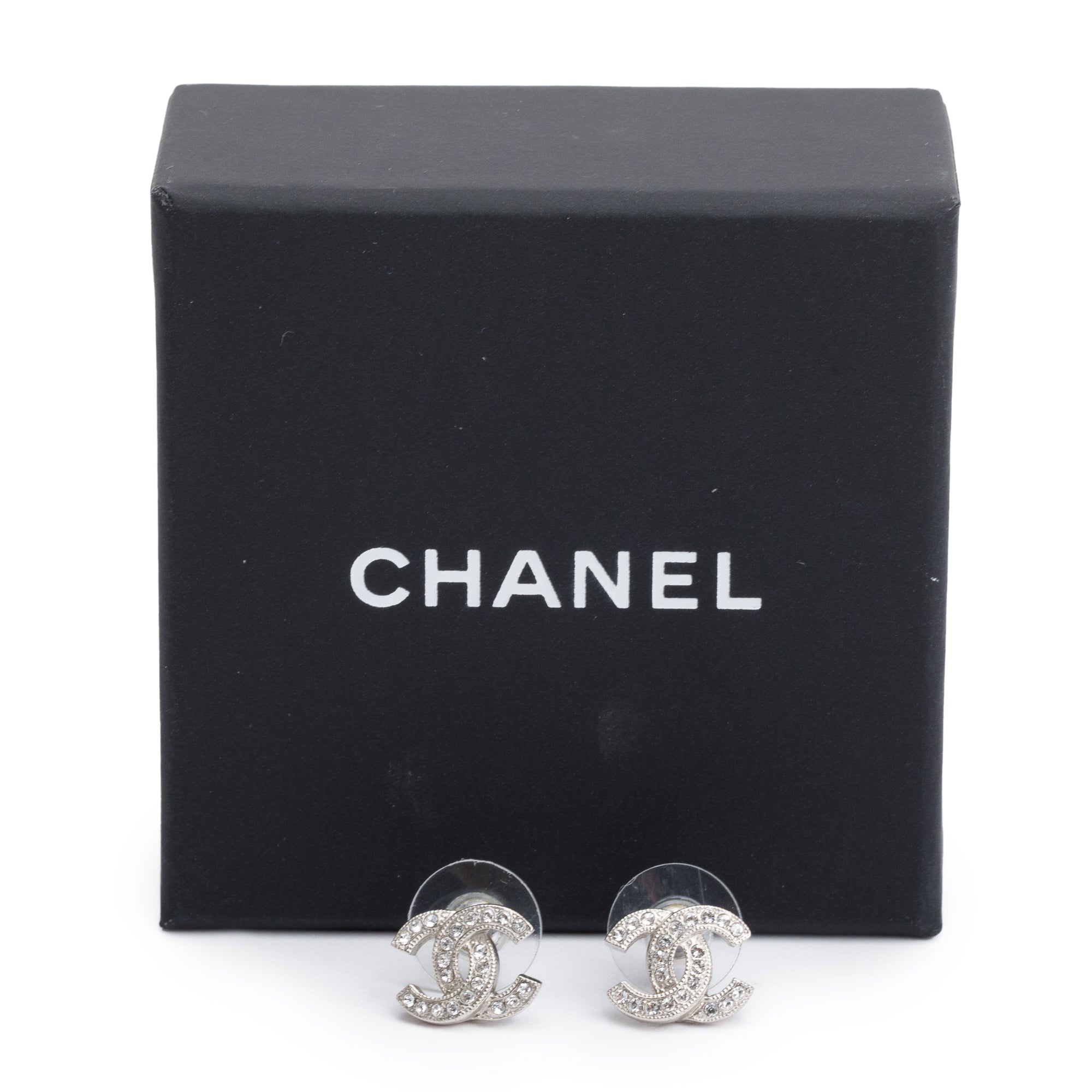 Chanel 2020 Palladium Plated Strass CC Stud Earrings w/ Box