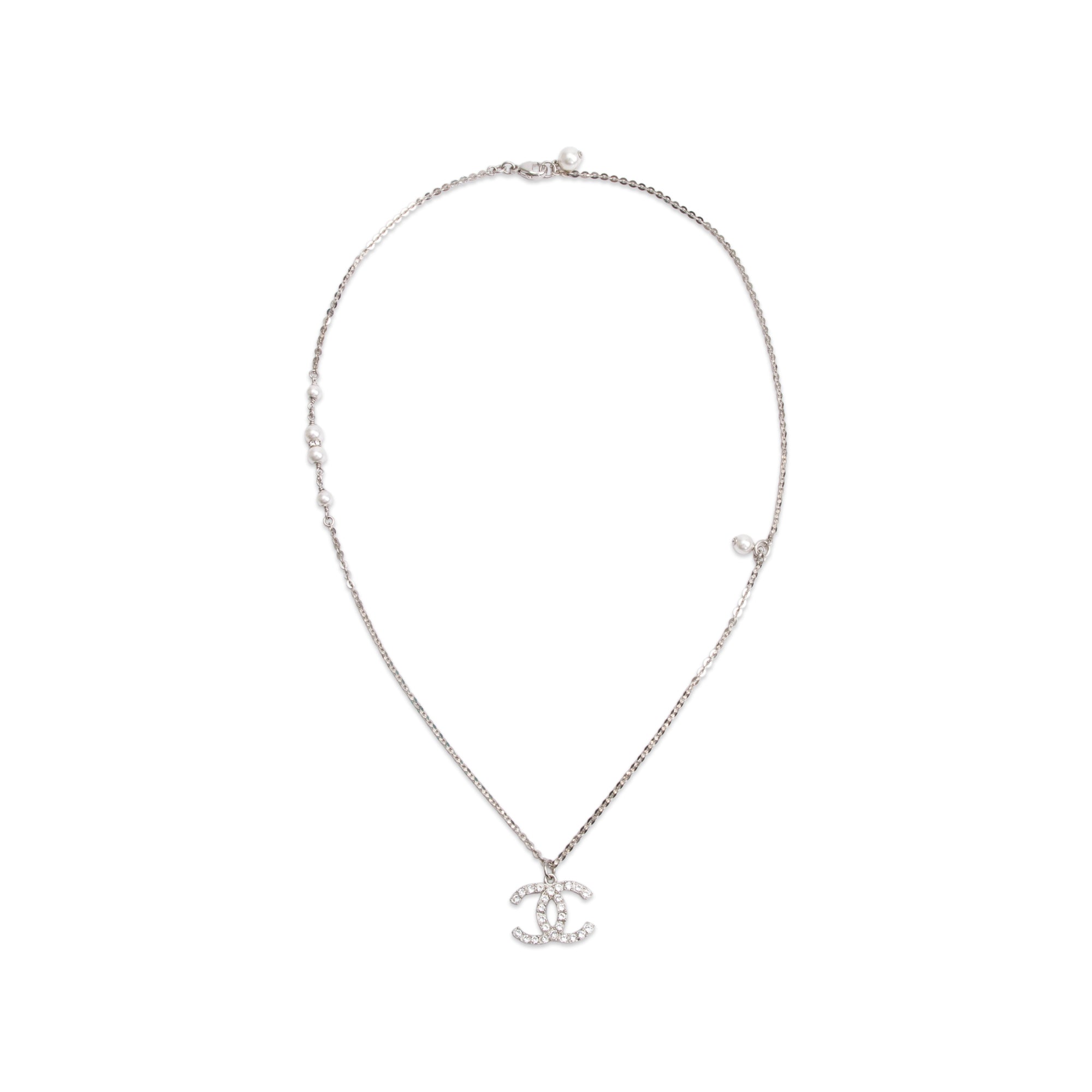 Chanel 2020 Palladium-Plated Strass & Faux Pearl CC Pendant Necklace w/ Box