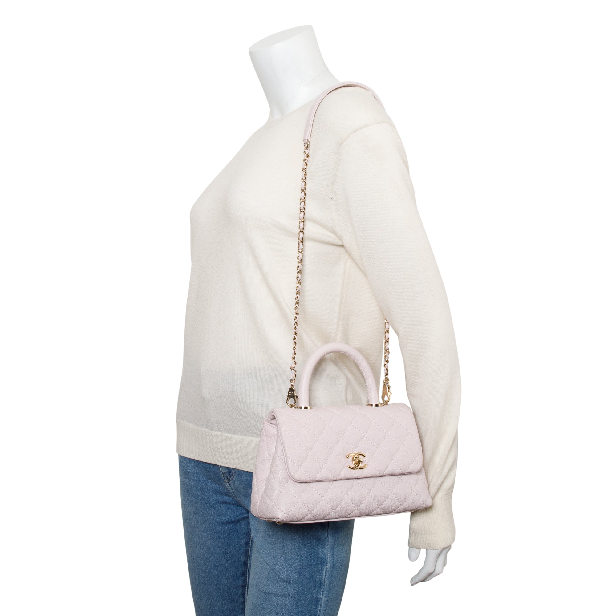 Chanel 2020 Pink Quilted Caviar Leather Small Coco Handle Bag w/ Strap & Authenticity Card