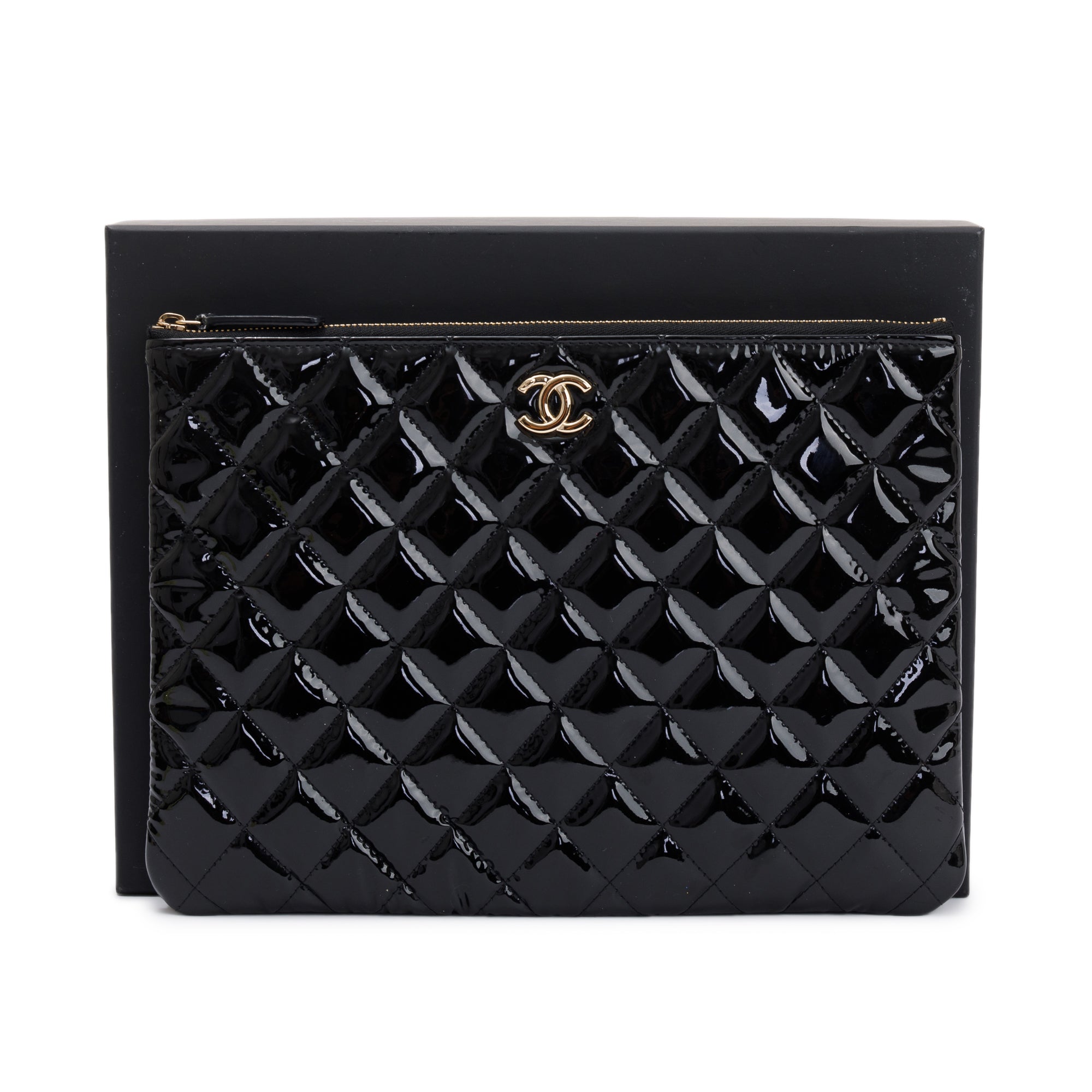 Chanel 2020 Quilted Patent Leather O-Case Clutch w/ Box & Authenticity Card