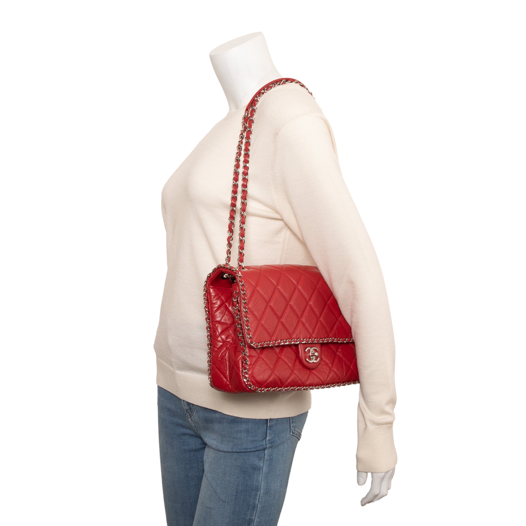Chanel 2020 Red Quilted Calfskin Leather Large Running Chain Flap Bag w/ Authenticity Card