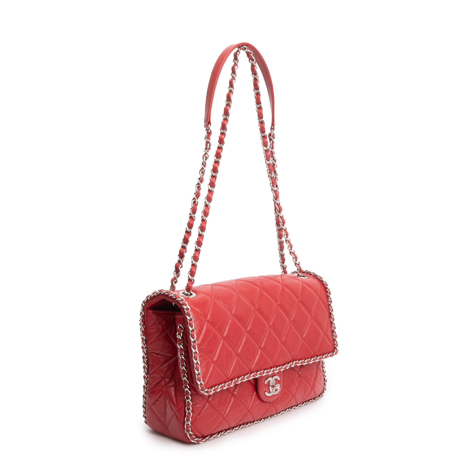 Chanel 2020 Red Quilted Calfskin Leather Large Running Chain Flap Bag w/ Authenticity Card