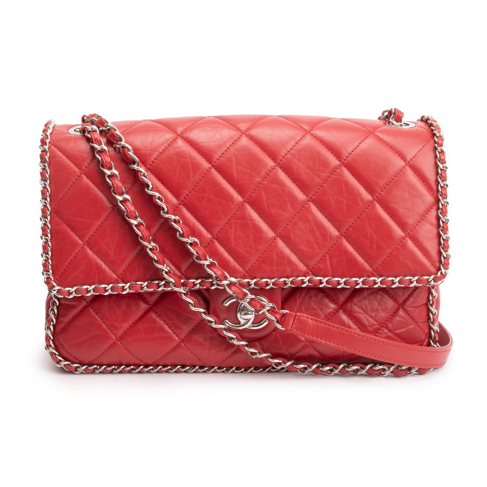 Chanel 2020 Red Quilted Calfskin Leather Large Running Chain Flap Bag w/ Authenticity Card