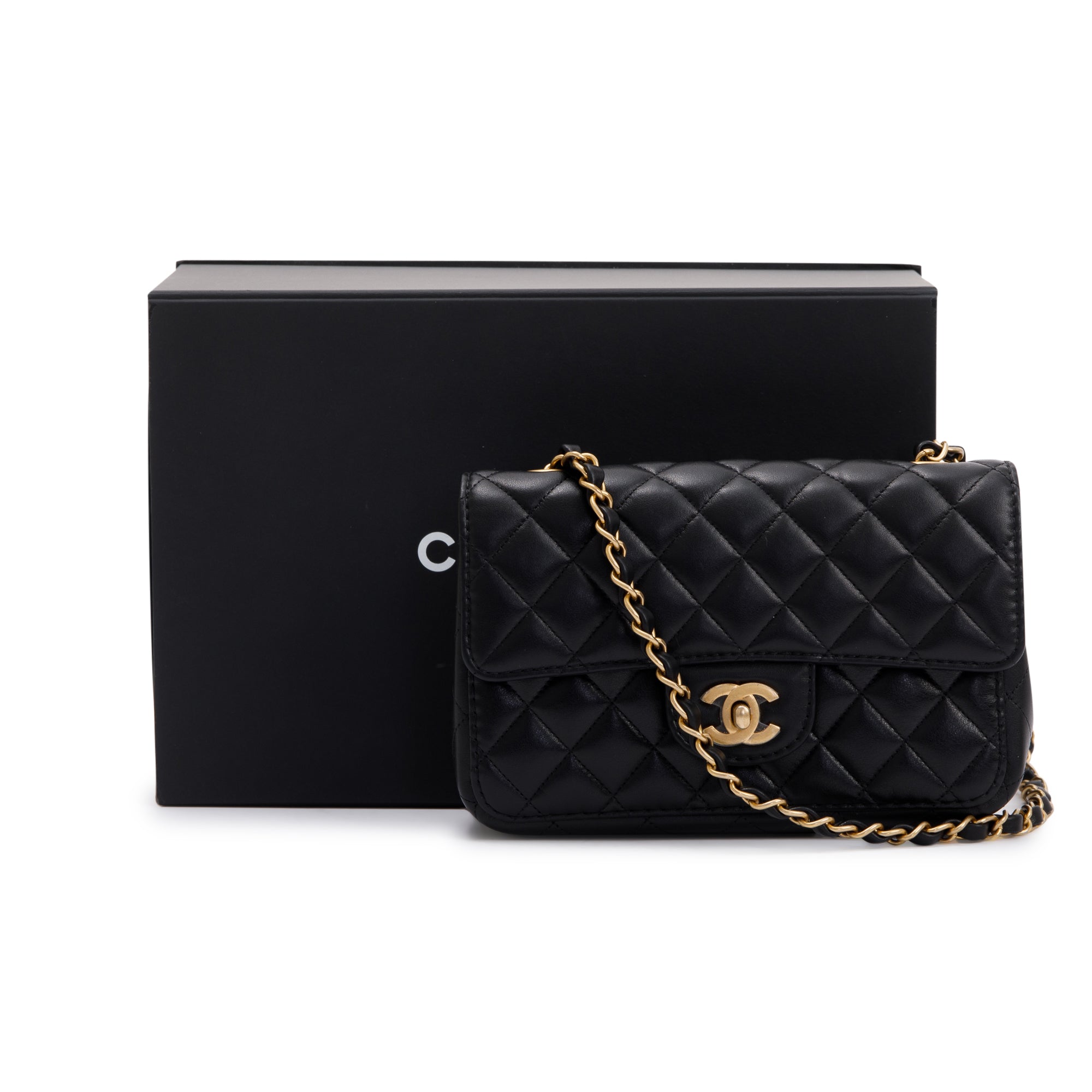 Chanel 2020 Small Black Lambskin Strap Into Flap Bag w/ Box & Authenticity Card