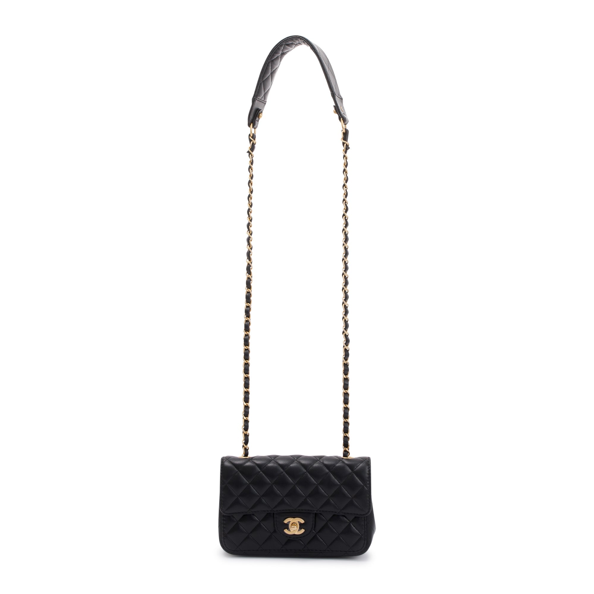 Chanel 2020 Small Black Lambskin Strap Into Flap Bag w/ Box & Authenticity Card