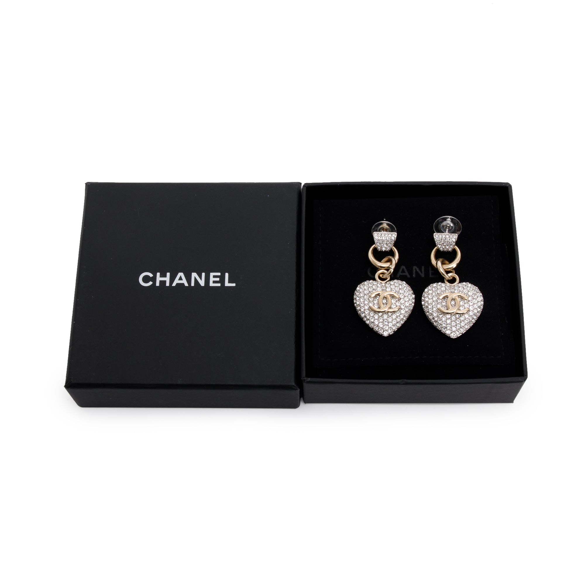 Chanel 2020 Strass CC Heart Drop Earrings w/ Box