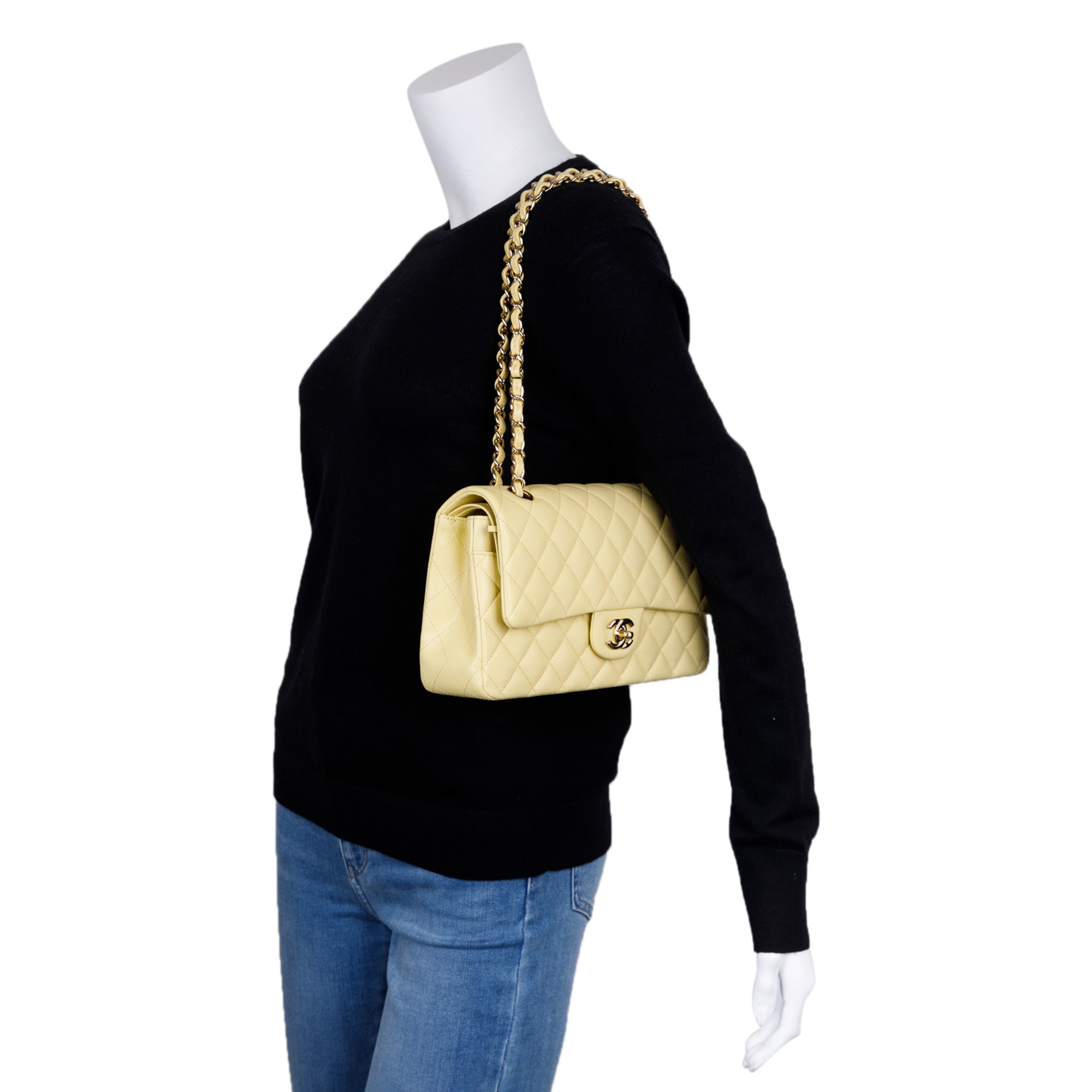 Chanel 2020 Yellow Caviar Classic Medium Double Flap Bag w/ Authenticity Card