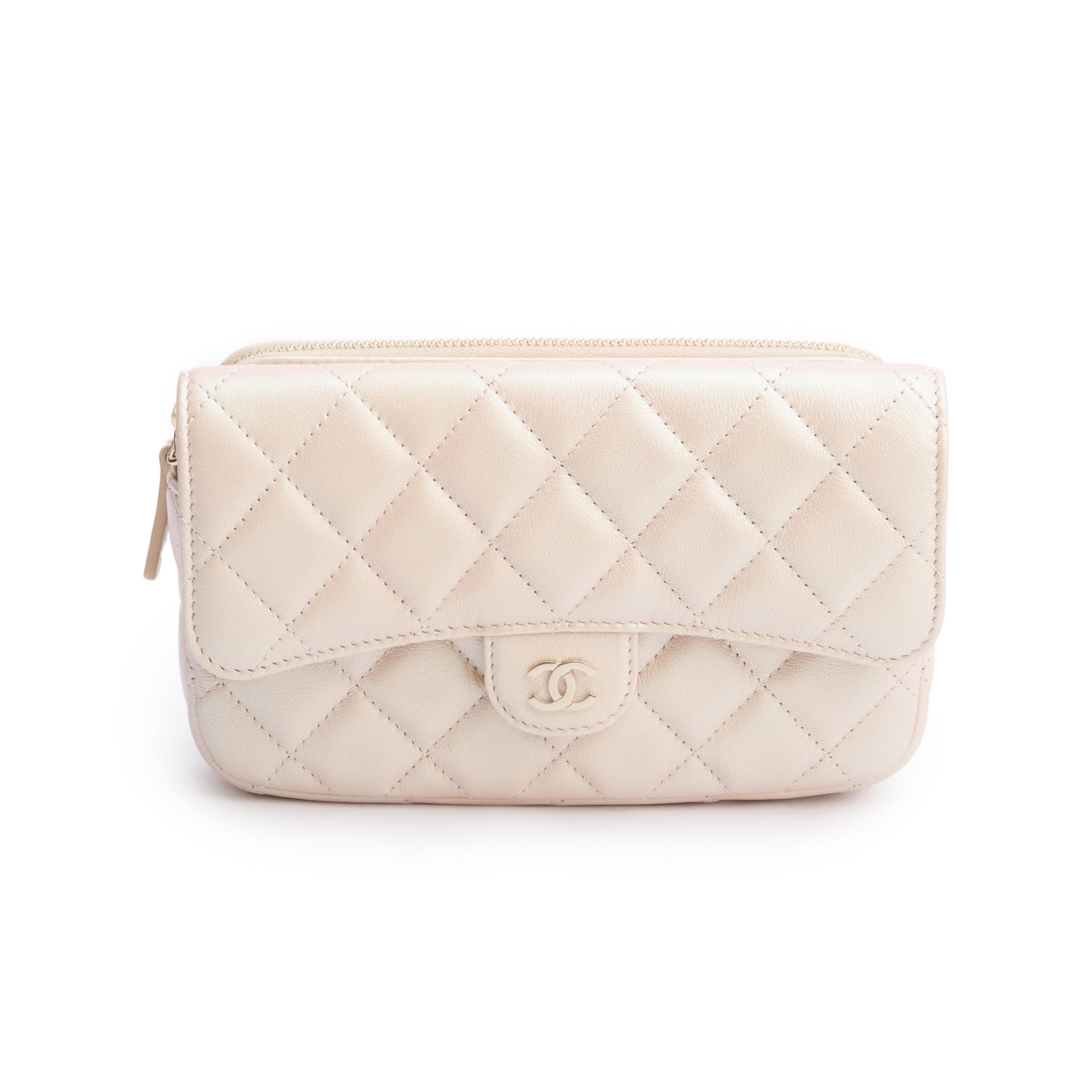 Chanel 2021 Beige Iridescent Quilted Calfskin Leather Classic Flap Phone Holder on Chain w/ Box & Receipt