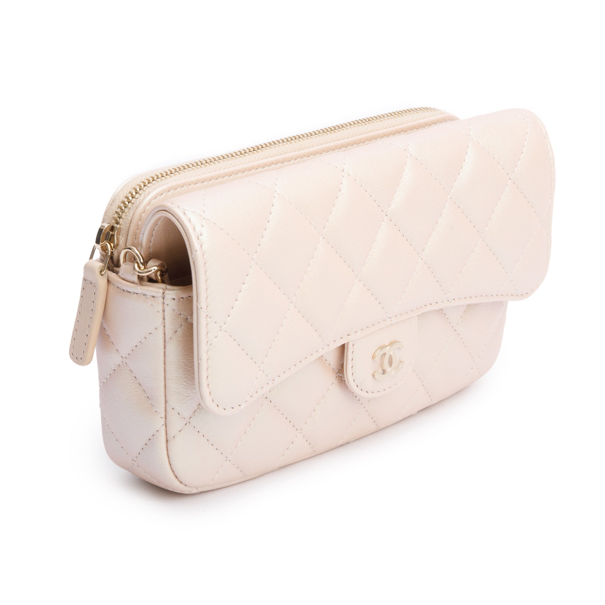 Chanel 2021 Beige Iridescent Quilted Calfskin Leather Classic Flap Phone Holder on Chain w/ Box & Receipt