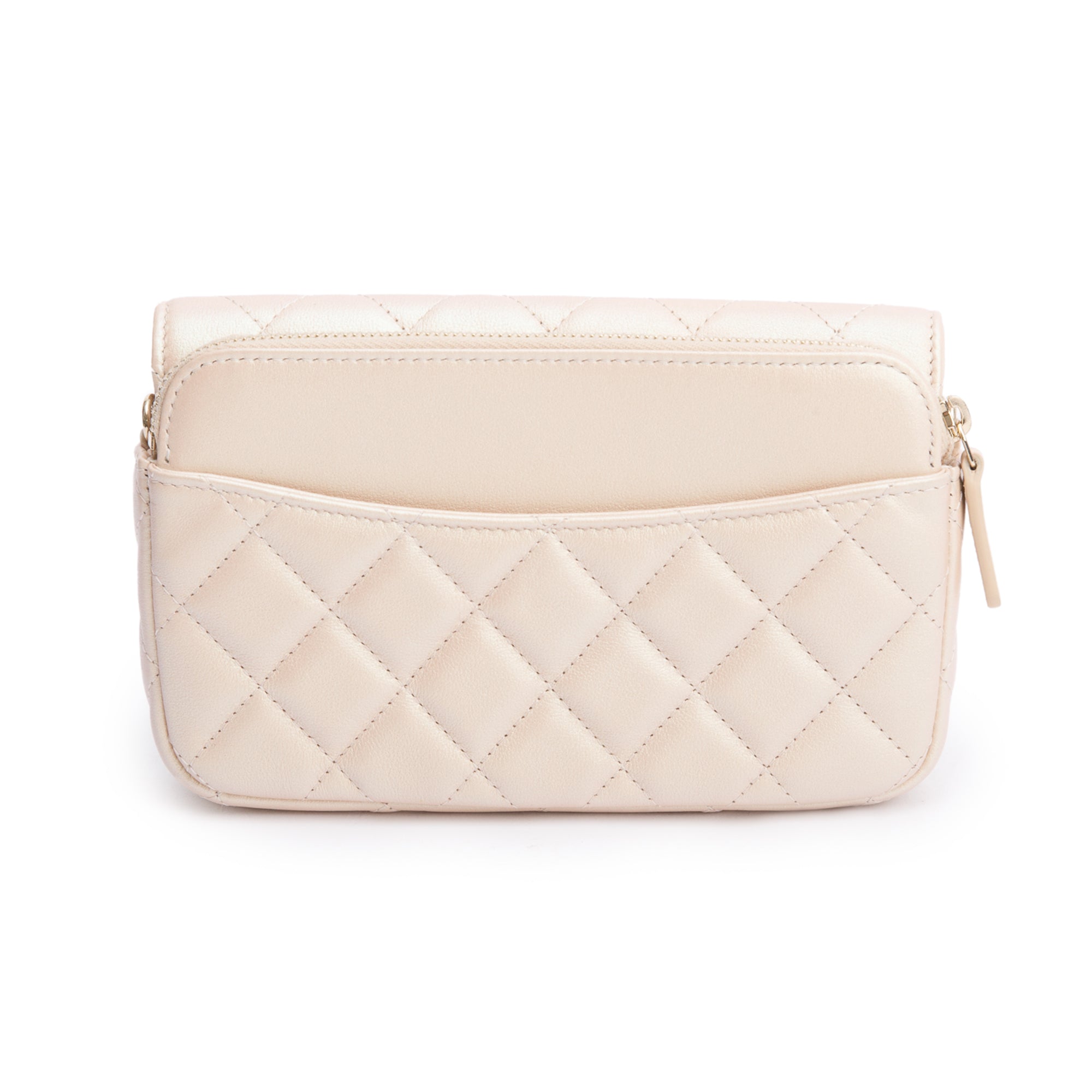 Chanel 2021 Beige Iridescent Quilted Calfskin Leather Classic Flap Phone Holder on Chain w/ Box & Receipt