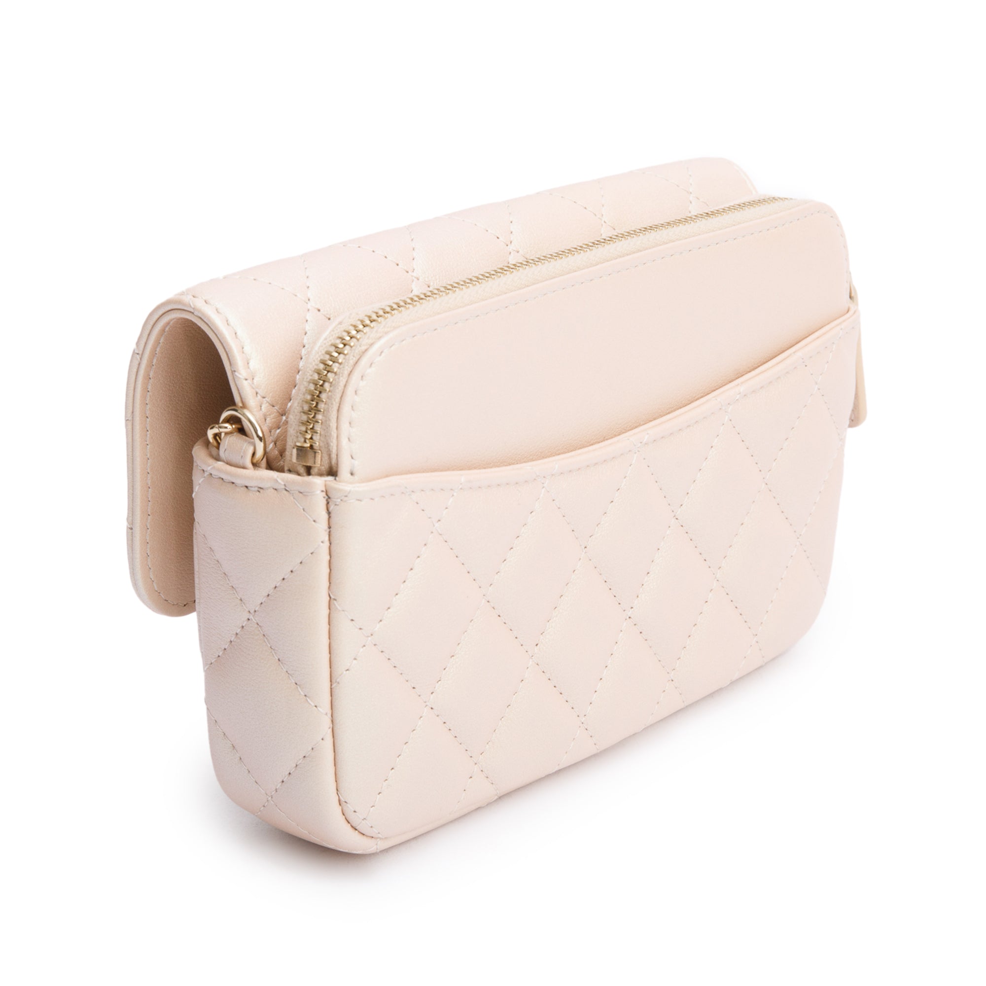 Chanel 2021 Beige Iridescent Quilted Calfskin Leather Classic Flap Phone Holder on Chain w/ Box & Receipt