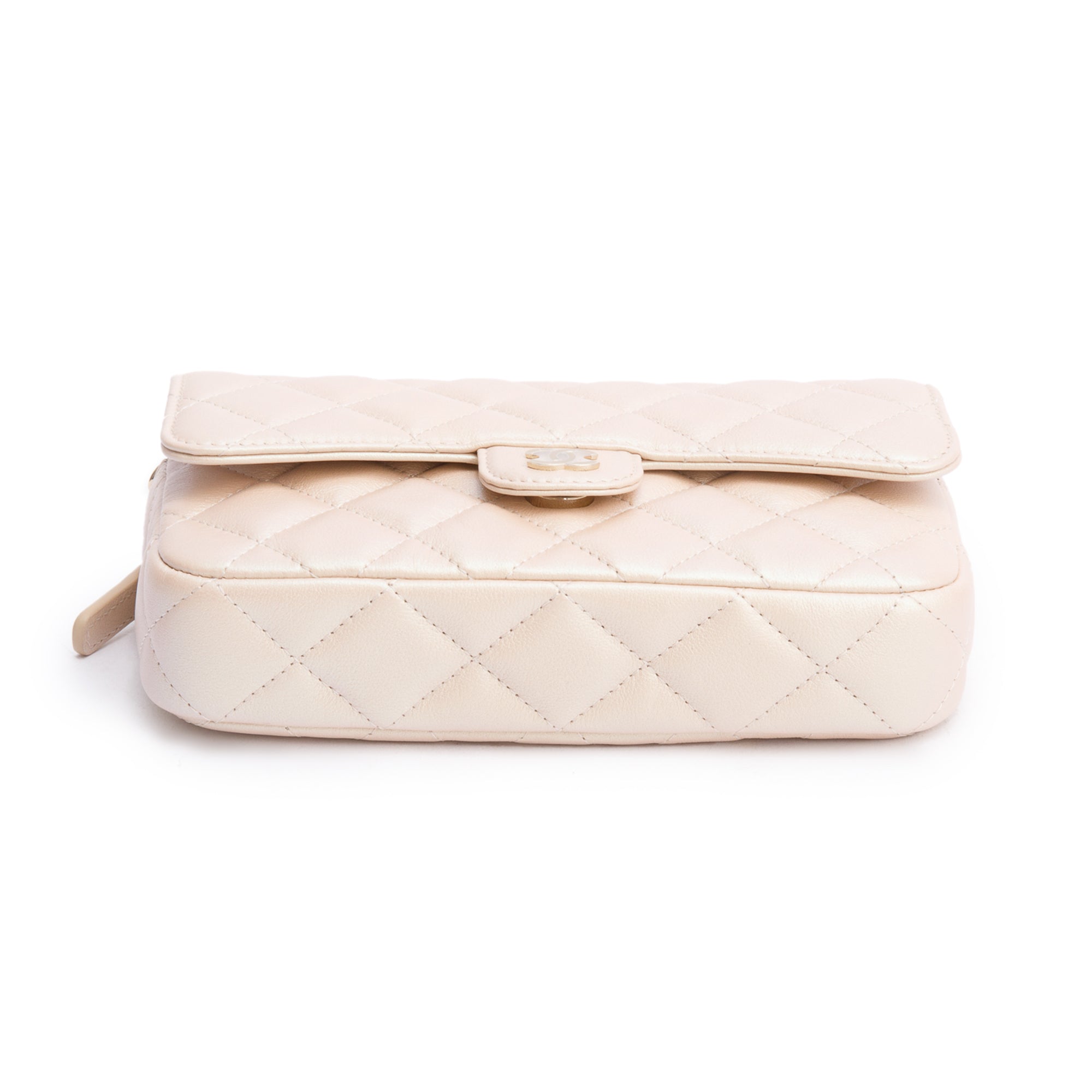 Chanel 2021 Beige Iridescent Quilted Calfskin Leather Classic Flap Phone Holder on Chain w/ Box & Receipt