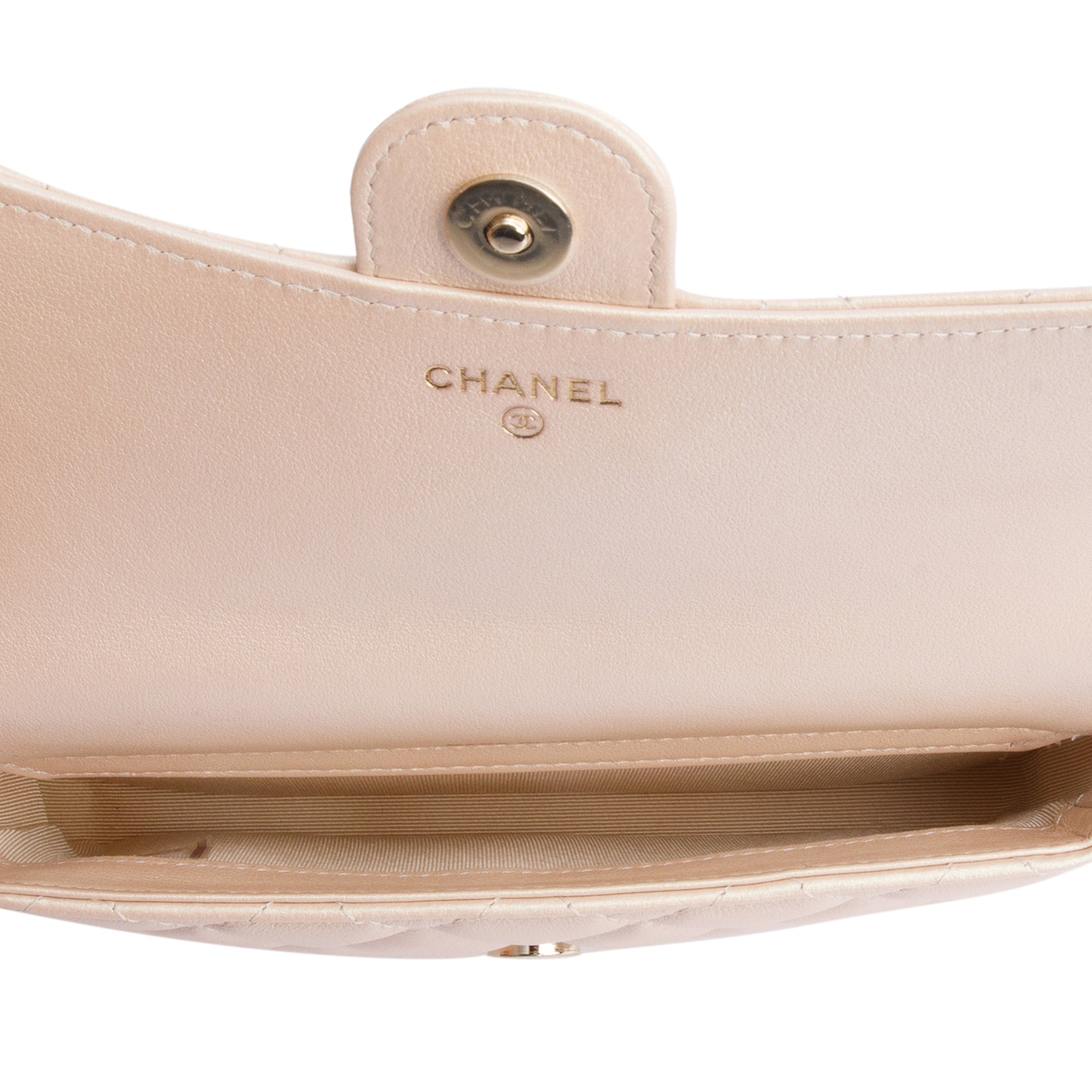 Chanel 2021 Beige Iridescent Quilted Calfskin Leather Classic Flap Phone Holder on Chain w/ Box & Receipt
