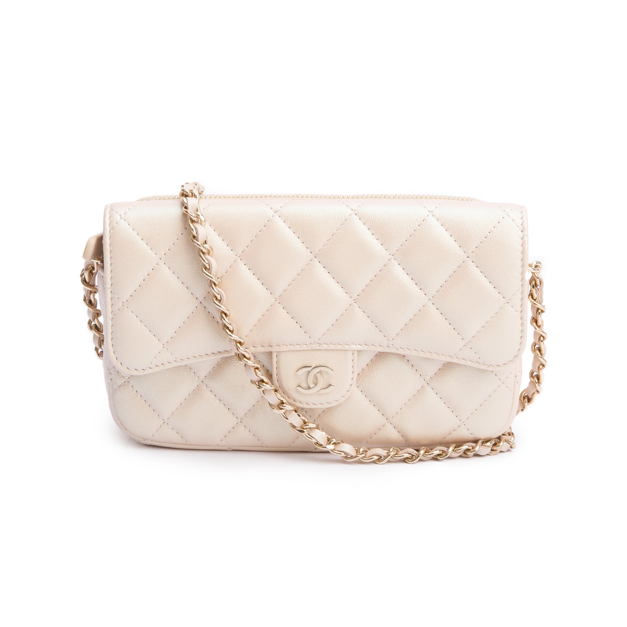Chanel 2021 Beige Iridescent Quilted Calfskin Leather Classic Flap Phone Holder on Chain w/ Box & Receipt