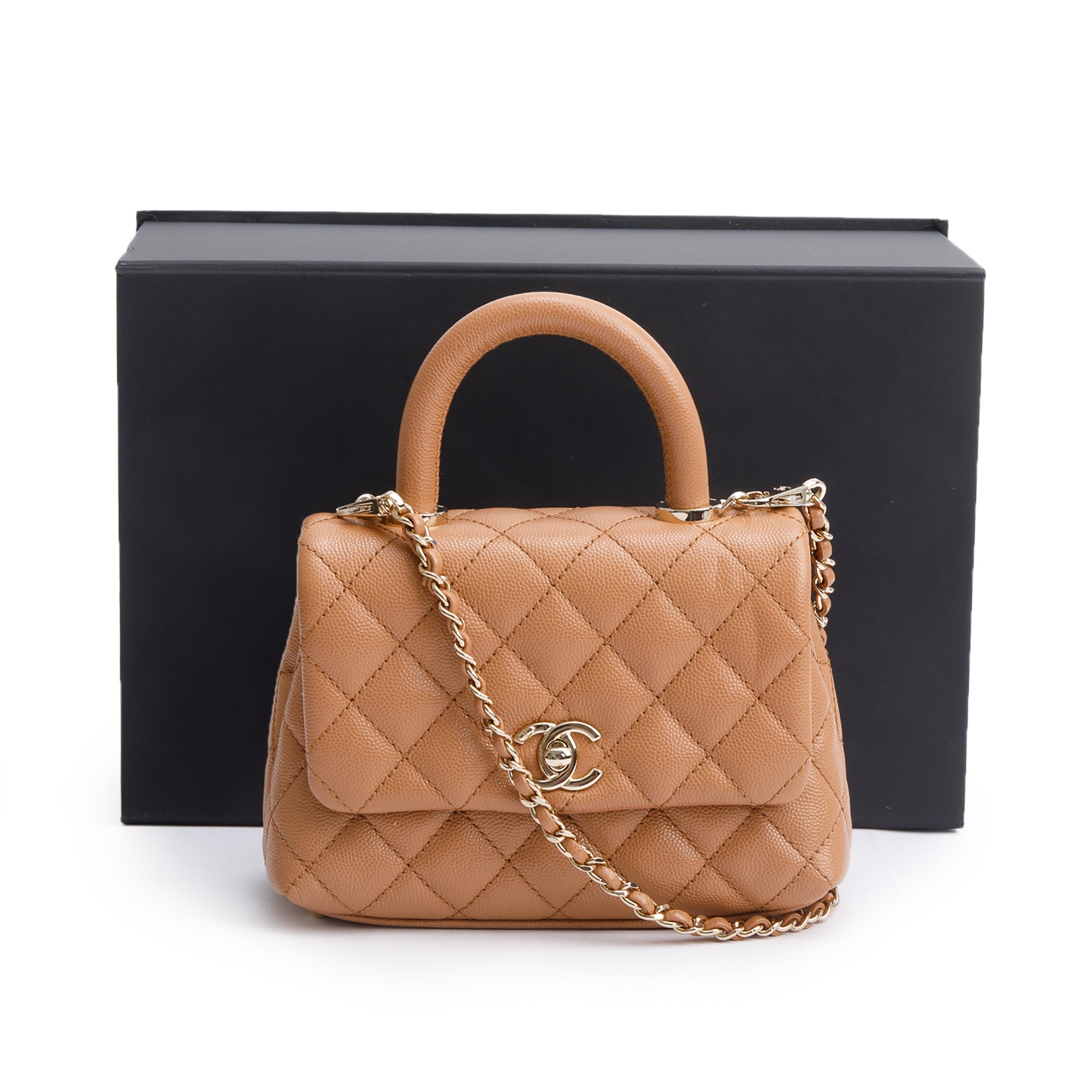 Chanel 2021 Beige Quilted Caviar Leather Mini Coco Top Handle Flap Bag w/ Box & Authenticity Card