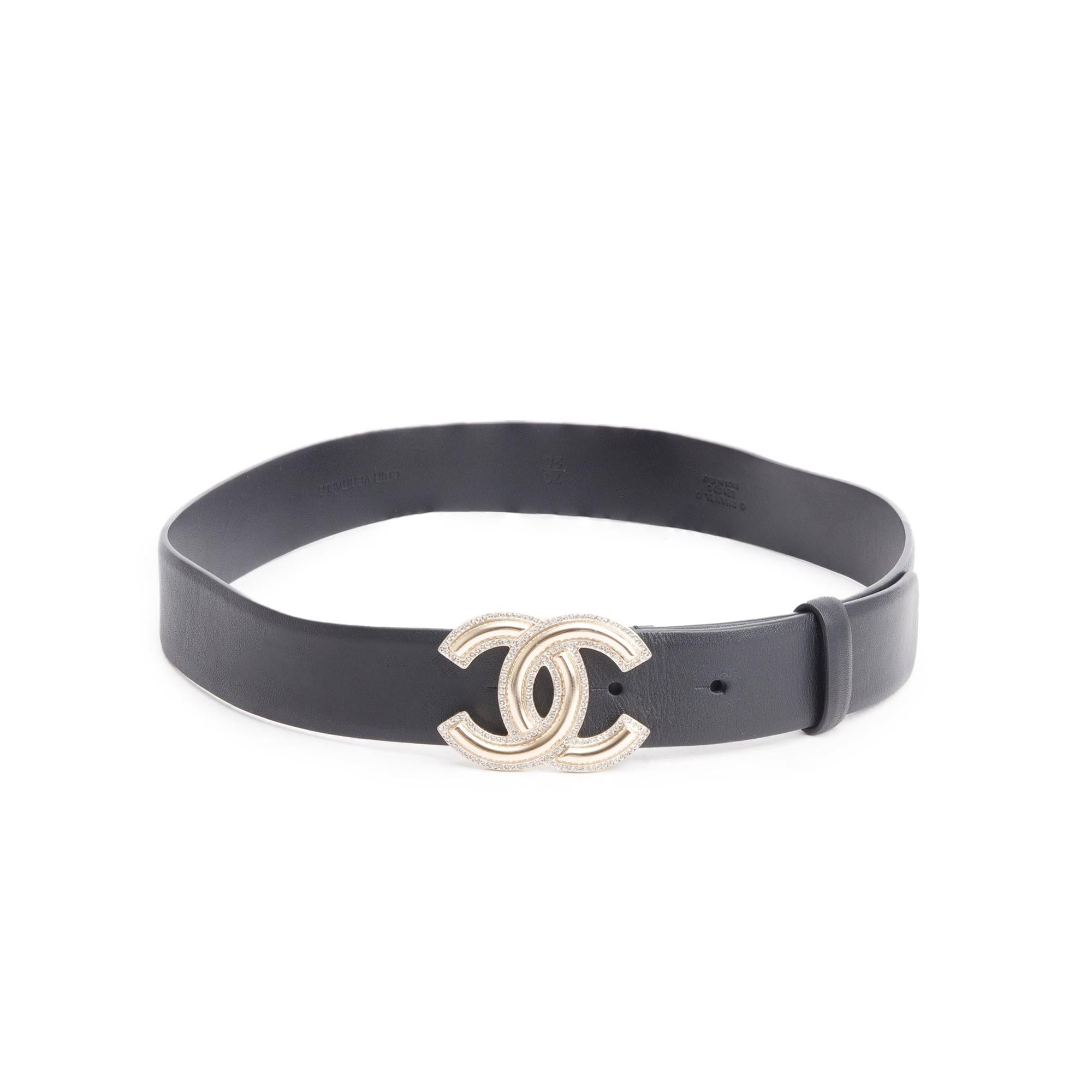 Chanel 2021 Black Calfskin Leather Strass CC Buckle Belt 70 28