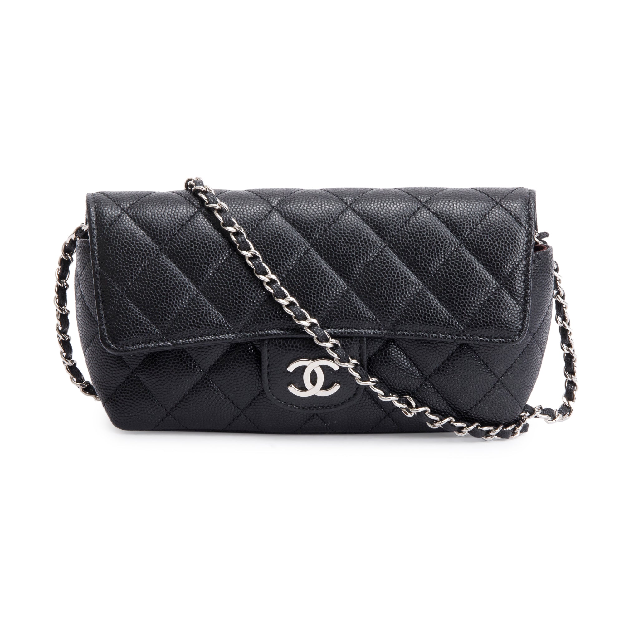 Chanel 2021 Black Quilted Caviar Leather Classic Sunglasses Case on Chain w/ Box