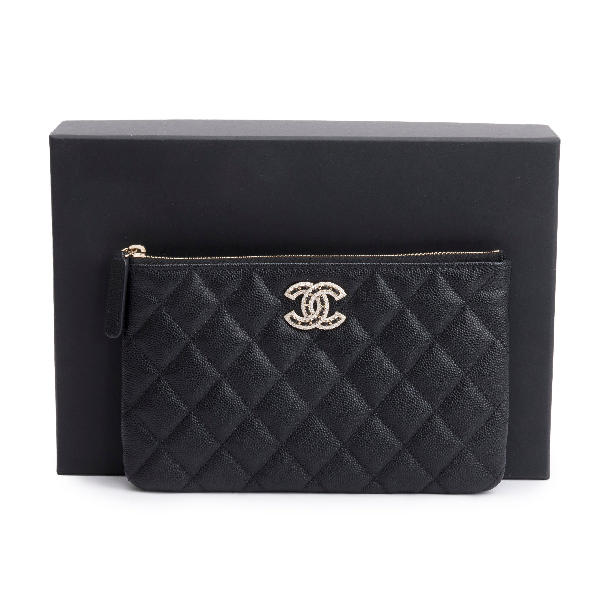 Chanel 2021 Black Quilted Caviar Leather Small CC Strass O-Case Clutch w/ Box, Receipt & Authenticity Card