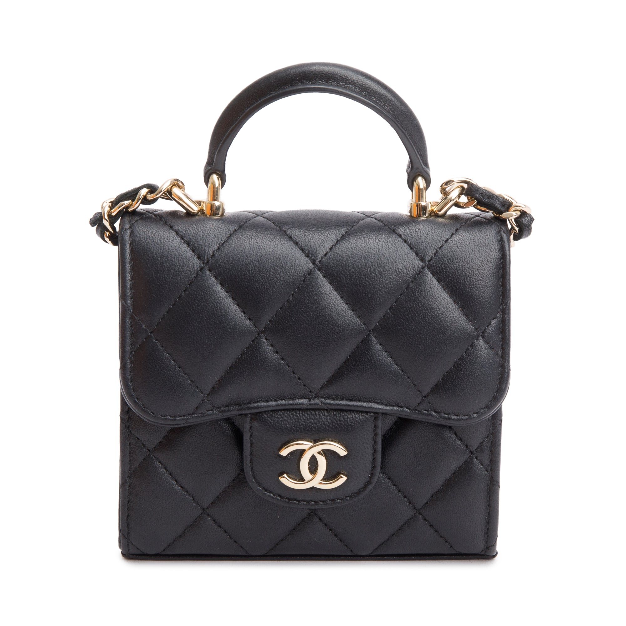 Chanel 2021 Black Quilted Lambskin Leather Mini Top Handle Clutch on Chain w/ Authenticity Card