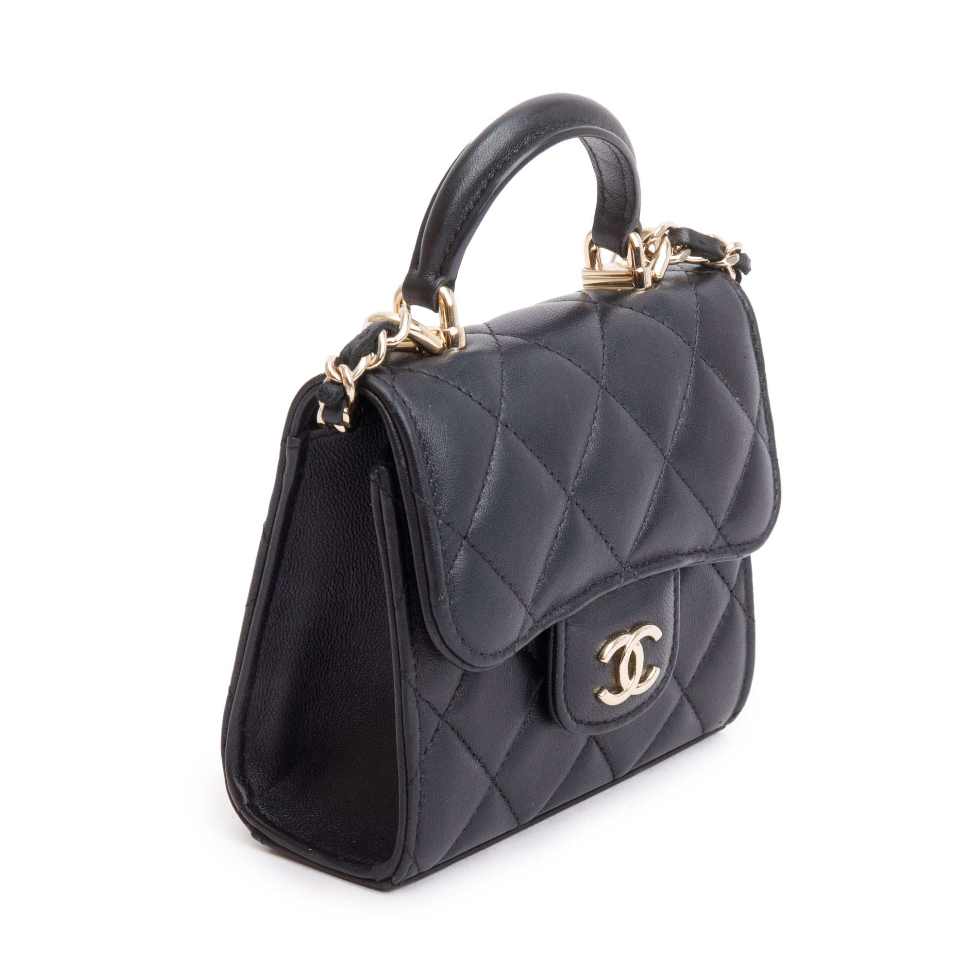 Chanel 2021 Black Quilted Lambskin Leather Mini Top Handle Clutch on Chain w/ Authenticity Card