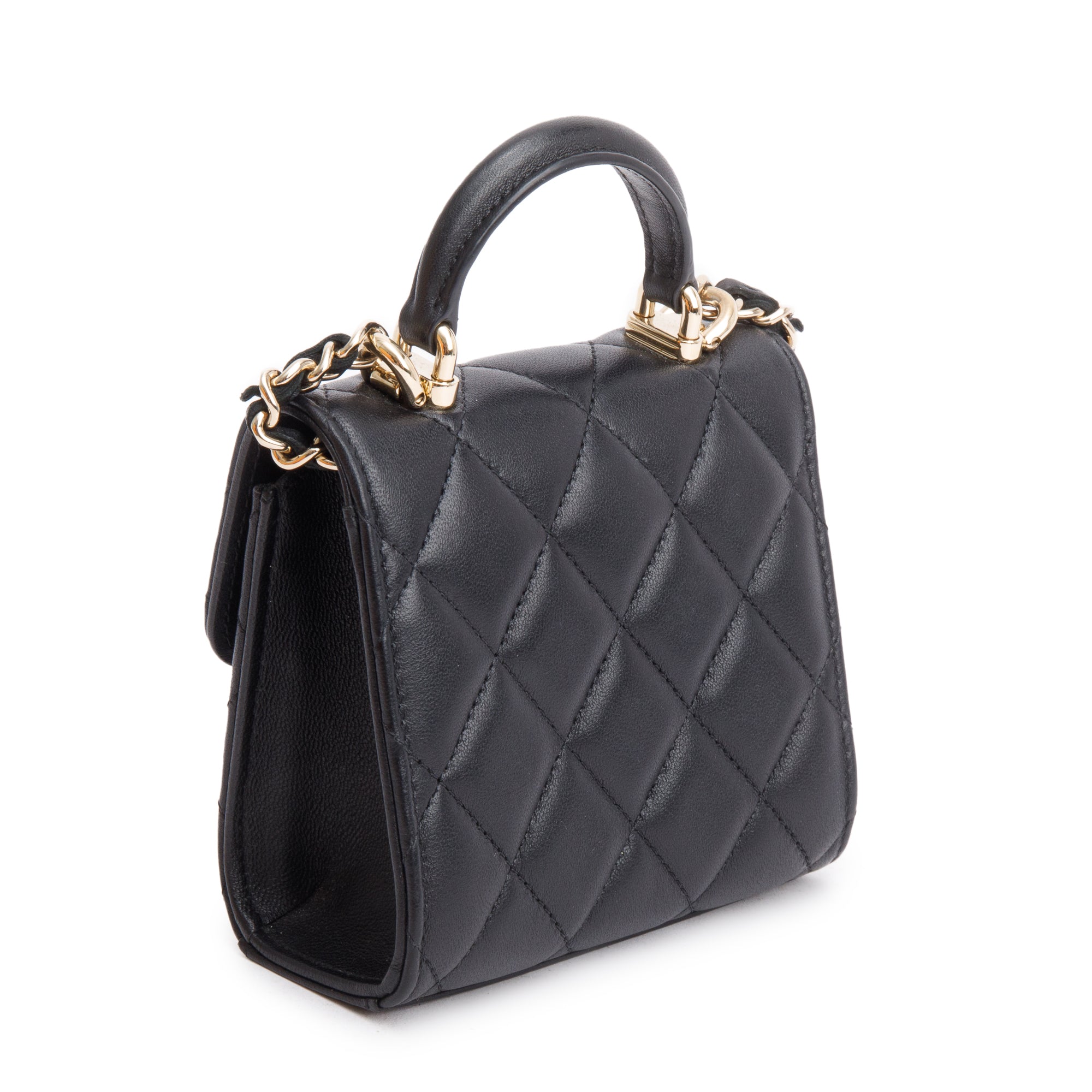 Chanel 2021 Black Quilted Lambskin Leather Mini Top Handle Clutch on Chain w/ Authenticity Card