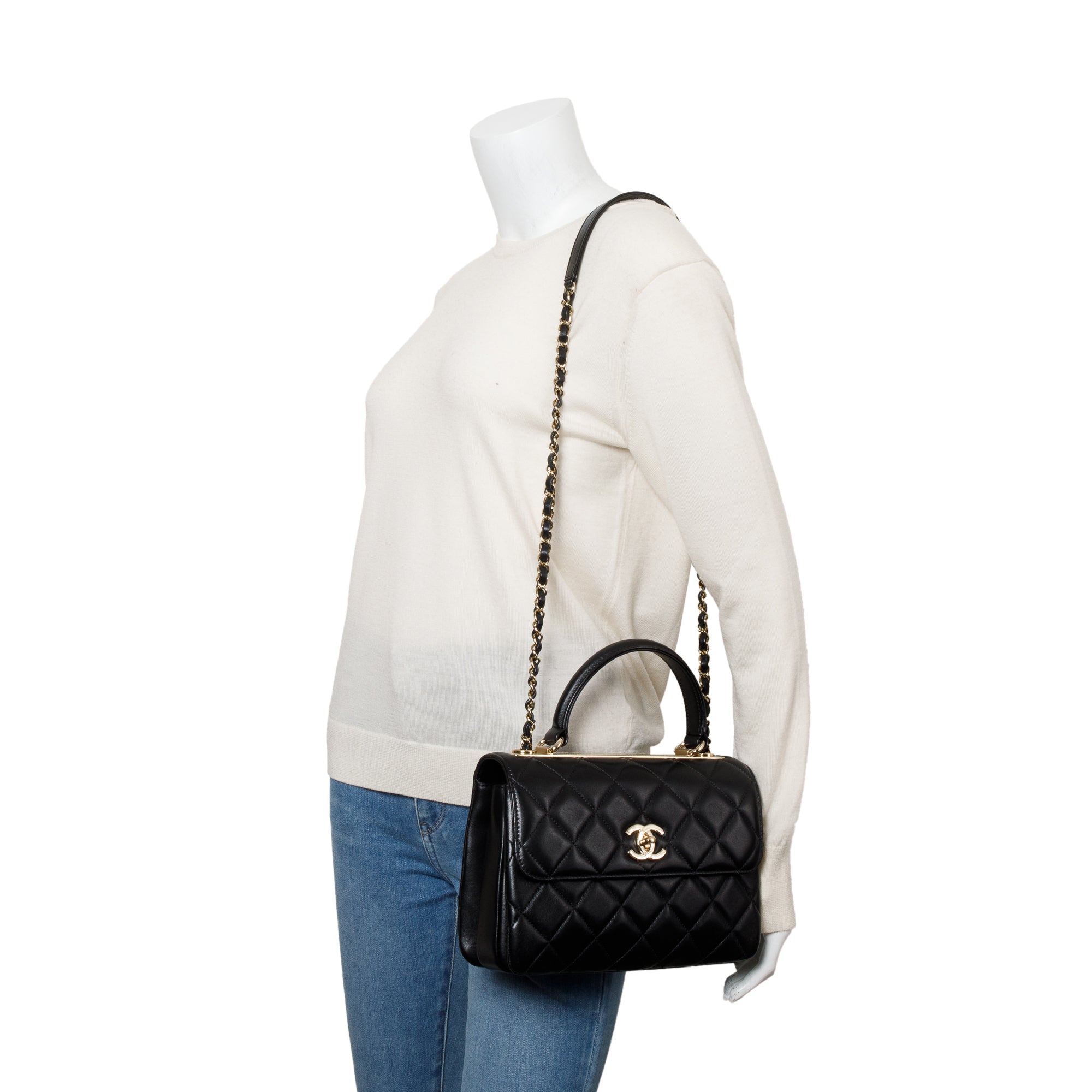 Chanel 2021 Black Quilted Lambskin Trendy CC Small Top Handle Flap Bag w/ Box