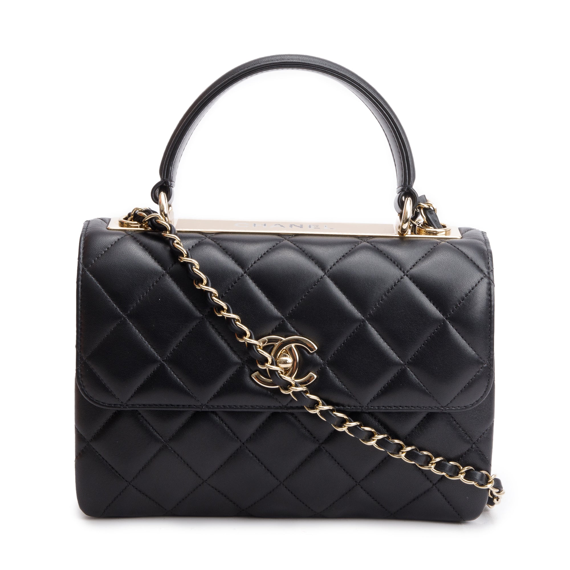 Chanel 2021 Black Quilted Lambskin Trendy CC Small Top Handle Flap Bag w/ Box