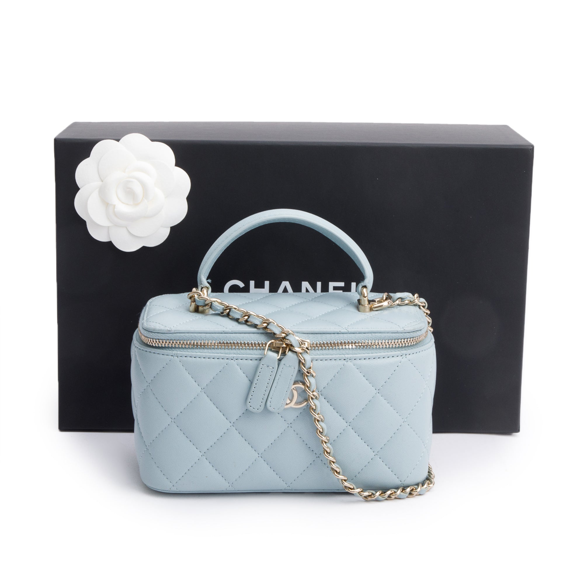 Chanel 2021 Blue Lambskin Leather Small Top Handle Vanity Case w/ Box