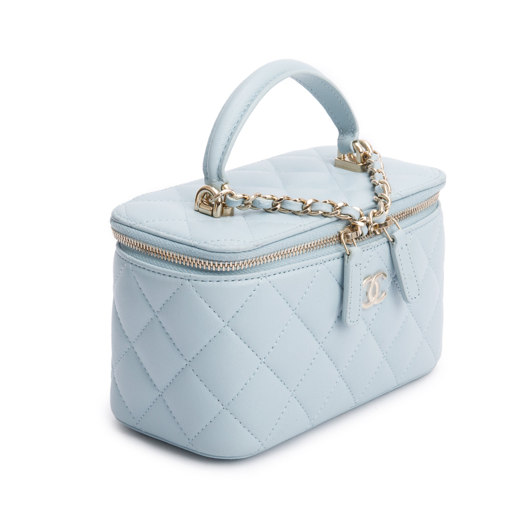 Chanel 2021 Blue Lambskin Leather Small Top Handle Vanity Case w/ Box