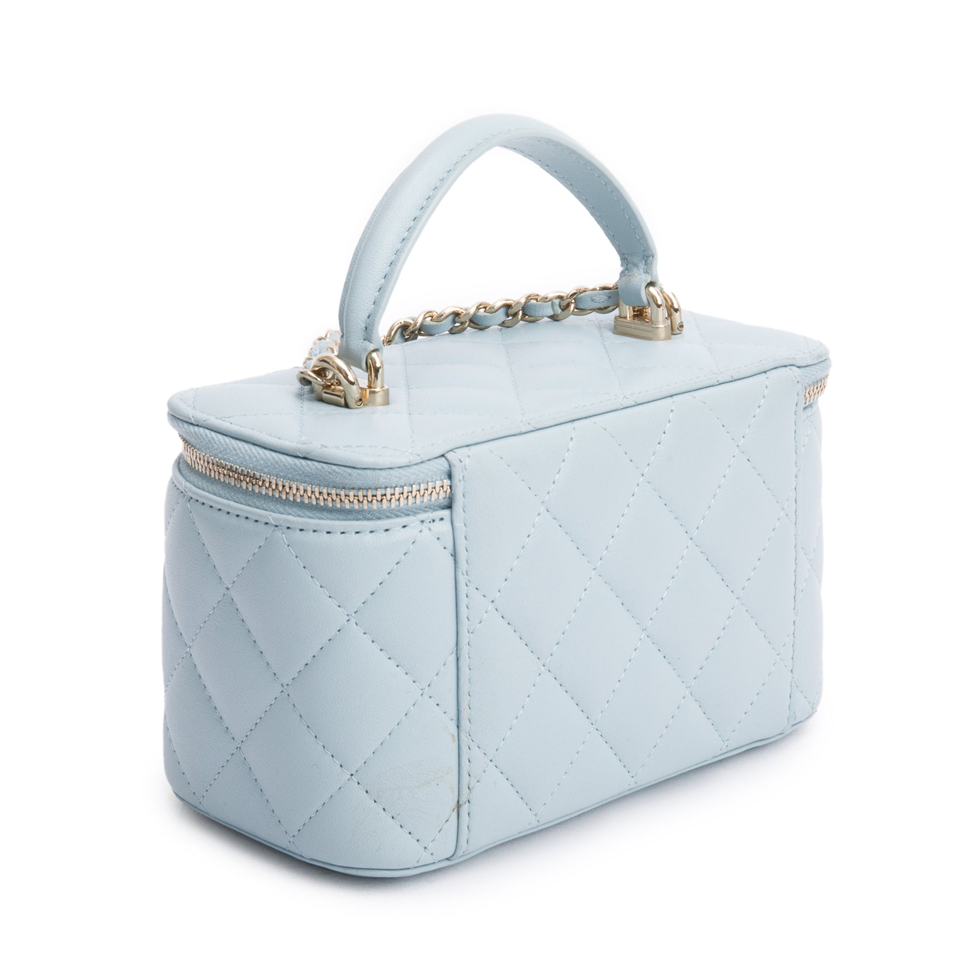 Chanel 2021 Blue Lambskin Leather Small Top Handle Vanity Case w/ Box