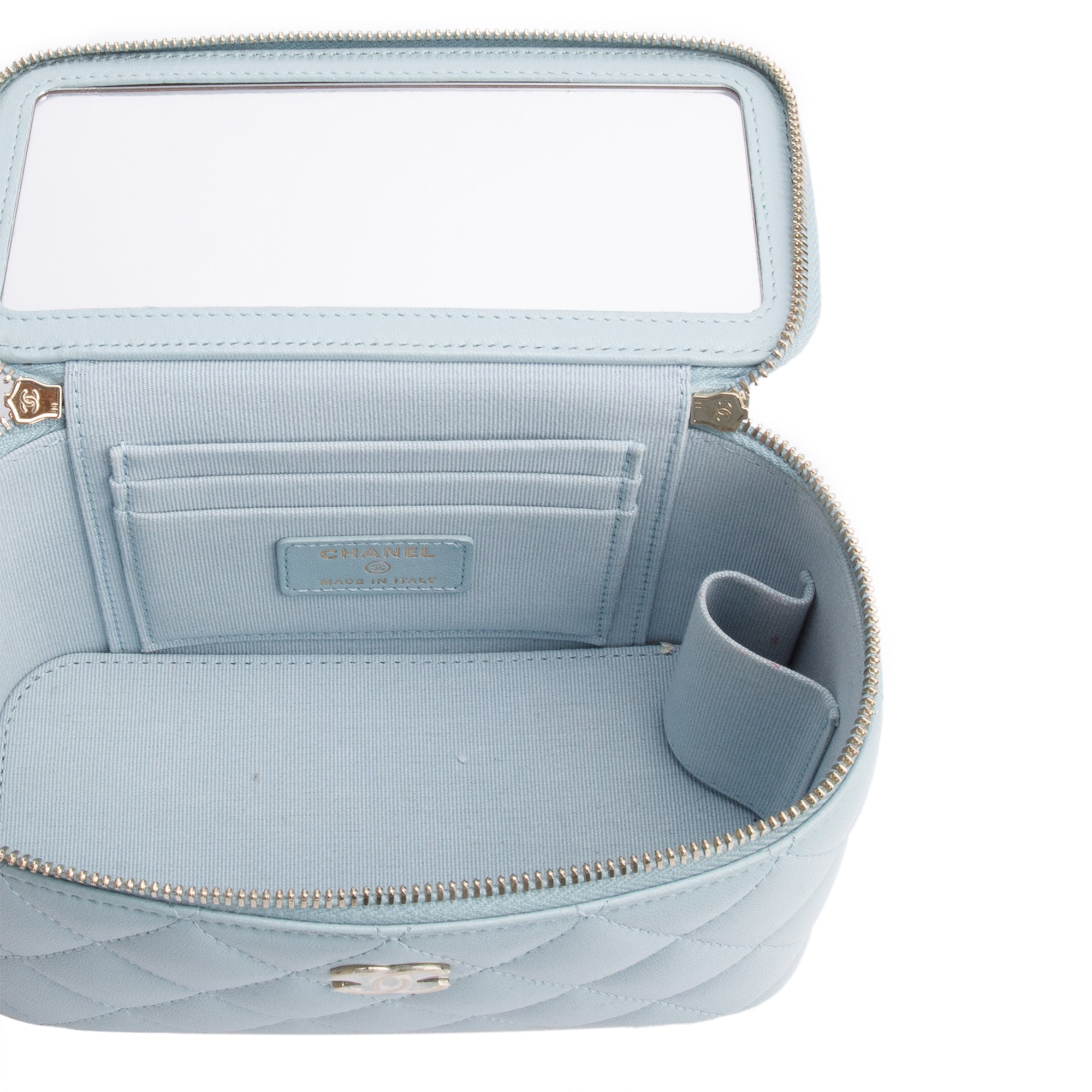 Chanel 2021 Blue Lambskin Leather Small Top Handle Vanity Case w/ Box