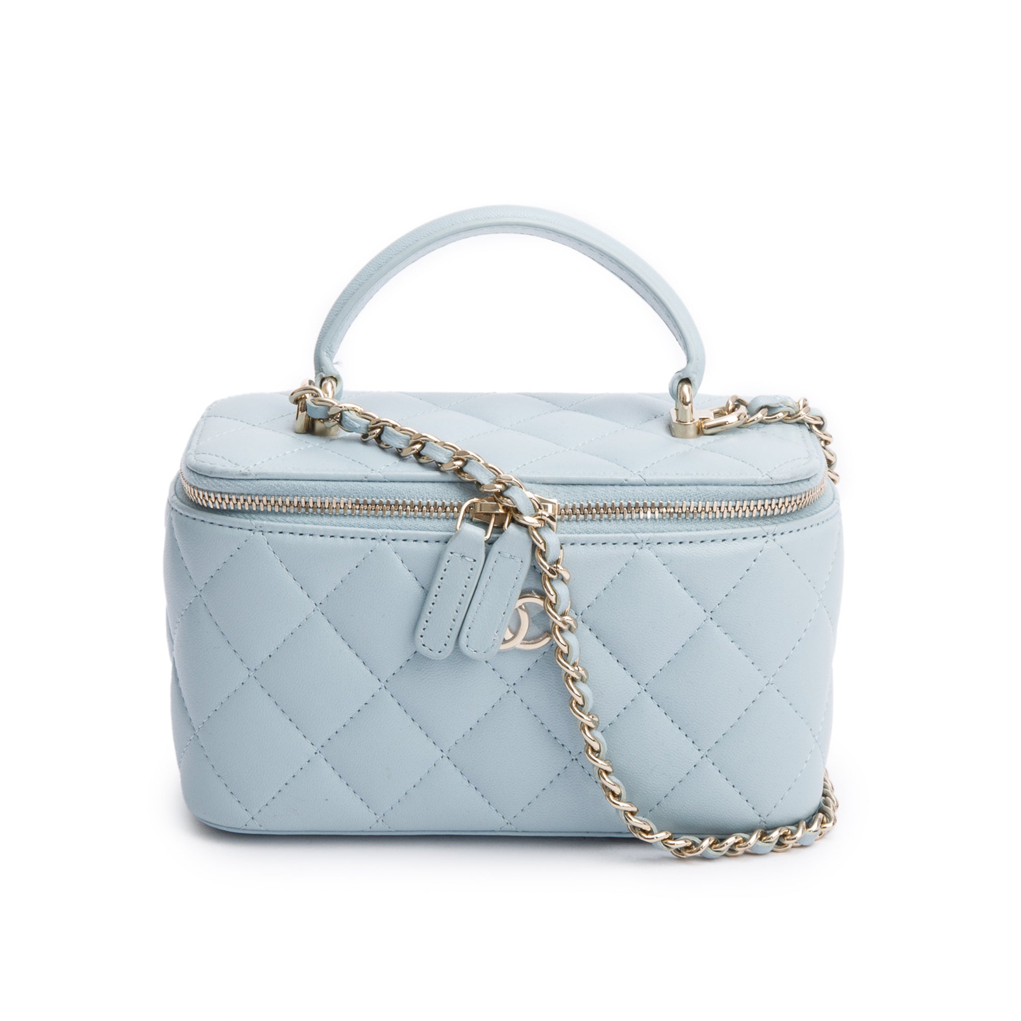 Chanel 2021 Blue Lambskin Leather Small Top Handle Vanity Case w/ Box
