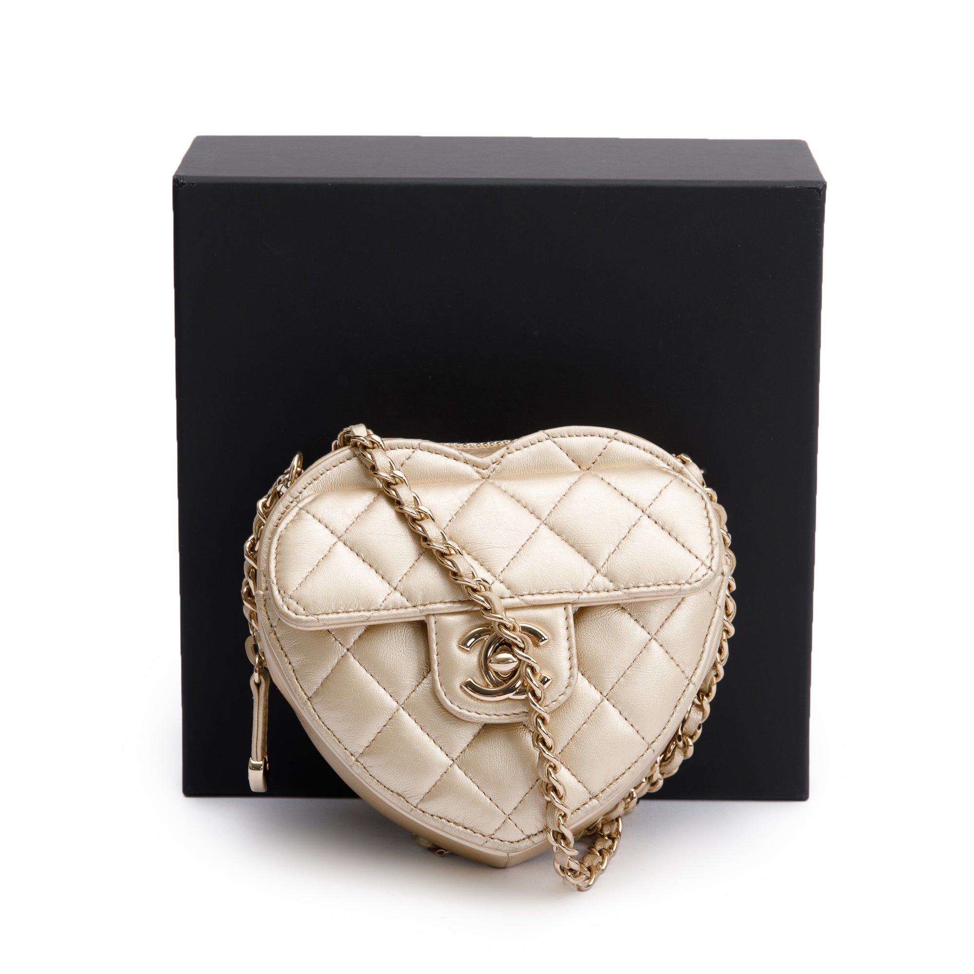 Chanel 2021 Gold Lambskin Leather Mini CC In Love Heart Bag w/ Box & Authenticity Card