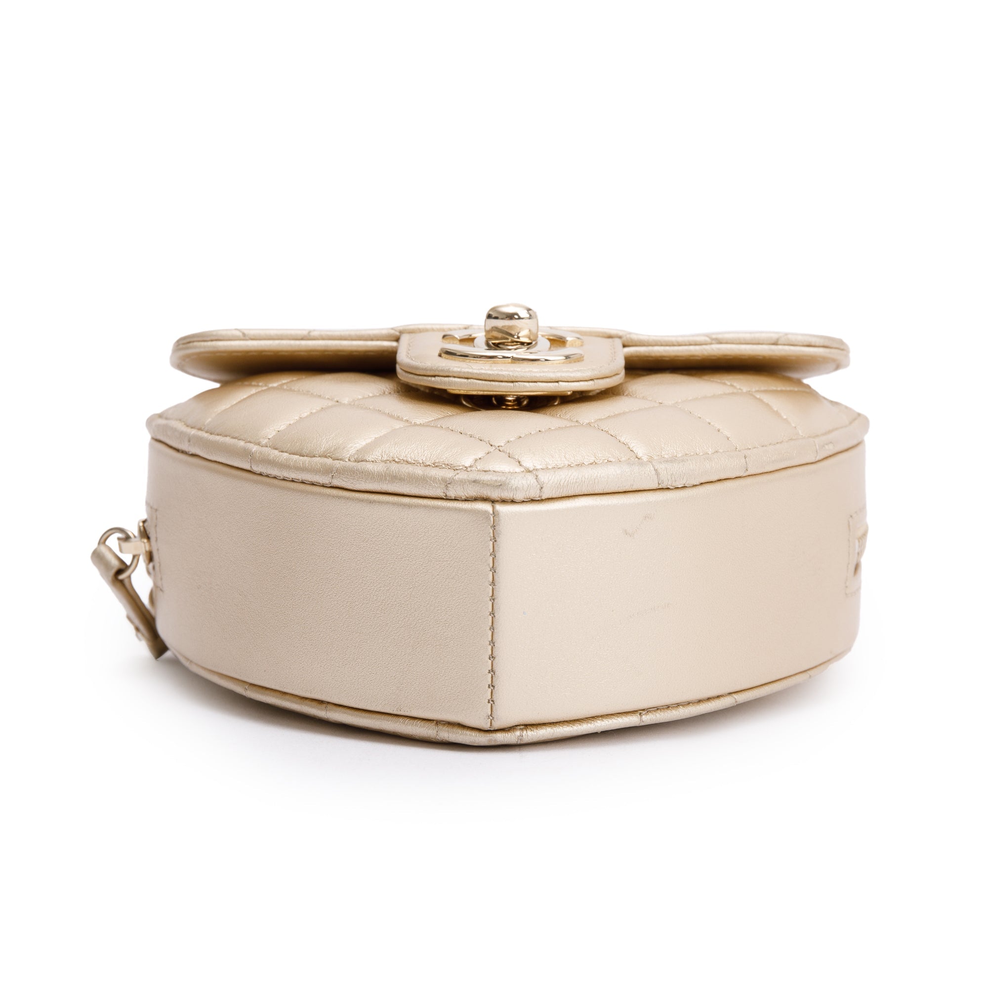 Chanel 2021 Gold Lambskin Leather Mini CC In Love Heart Bag w/ Box & Authenticity Card