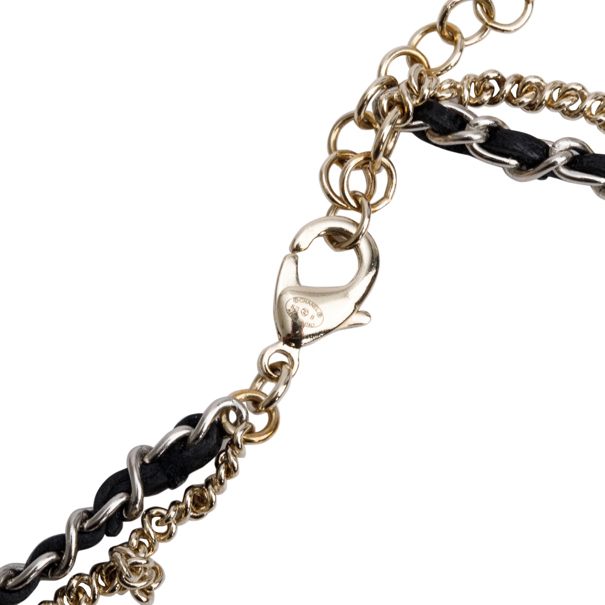 Chanel 2021 Gold & Palladium Plated Black Leather & Strass CC Pendant Necklace