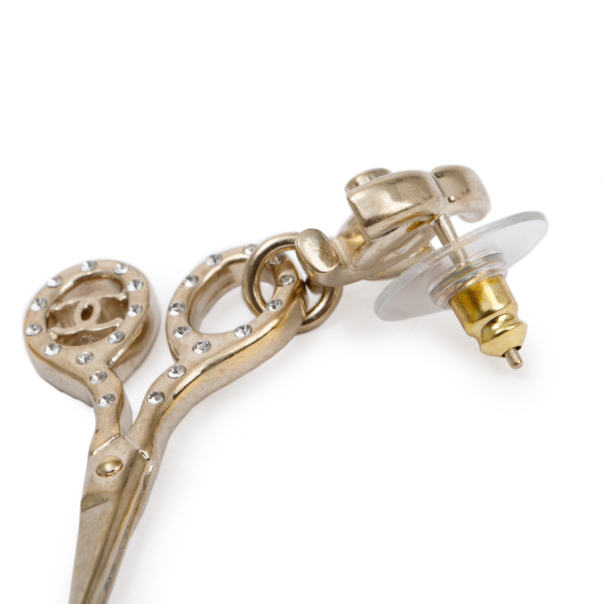Chanel 2021 Gold Plated Crystal Scissor CC Drop Earrings