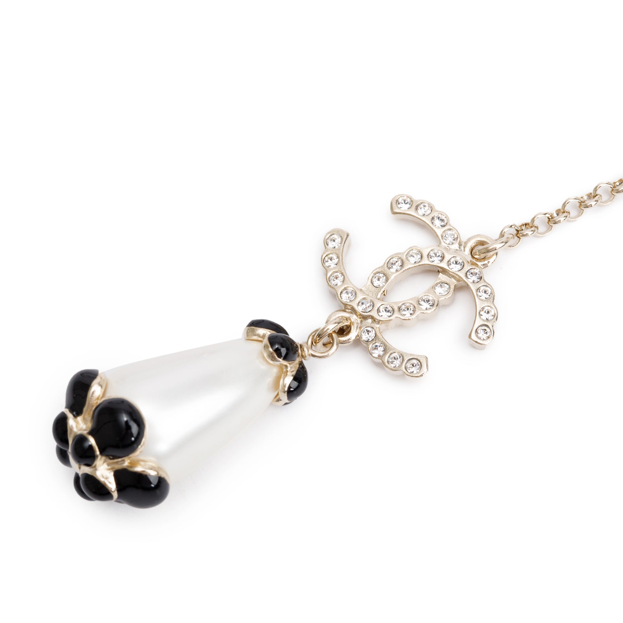 Chanel 2021 Gold-Plated Faux Pearl & Resin Flower CC Charm Necklace