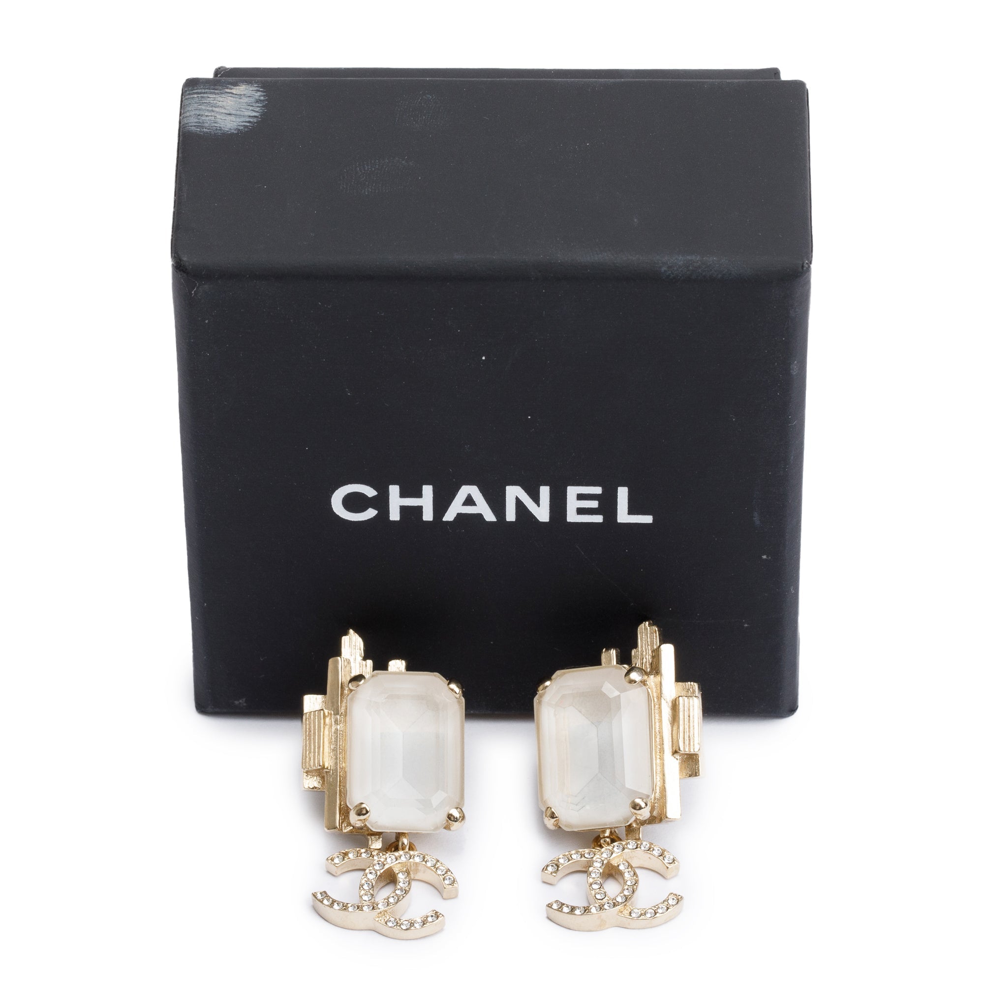 Chanel 2021 Gold Plated Faux Pearl Strass CC Drop Earrings w/ Box